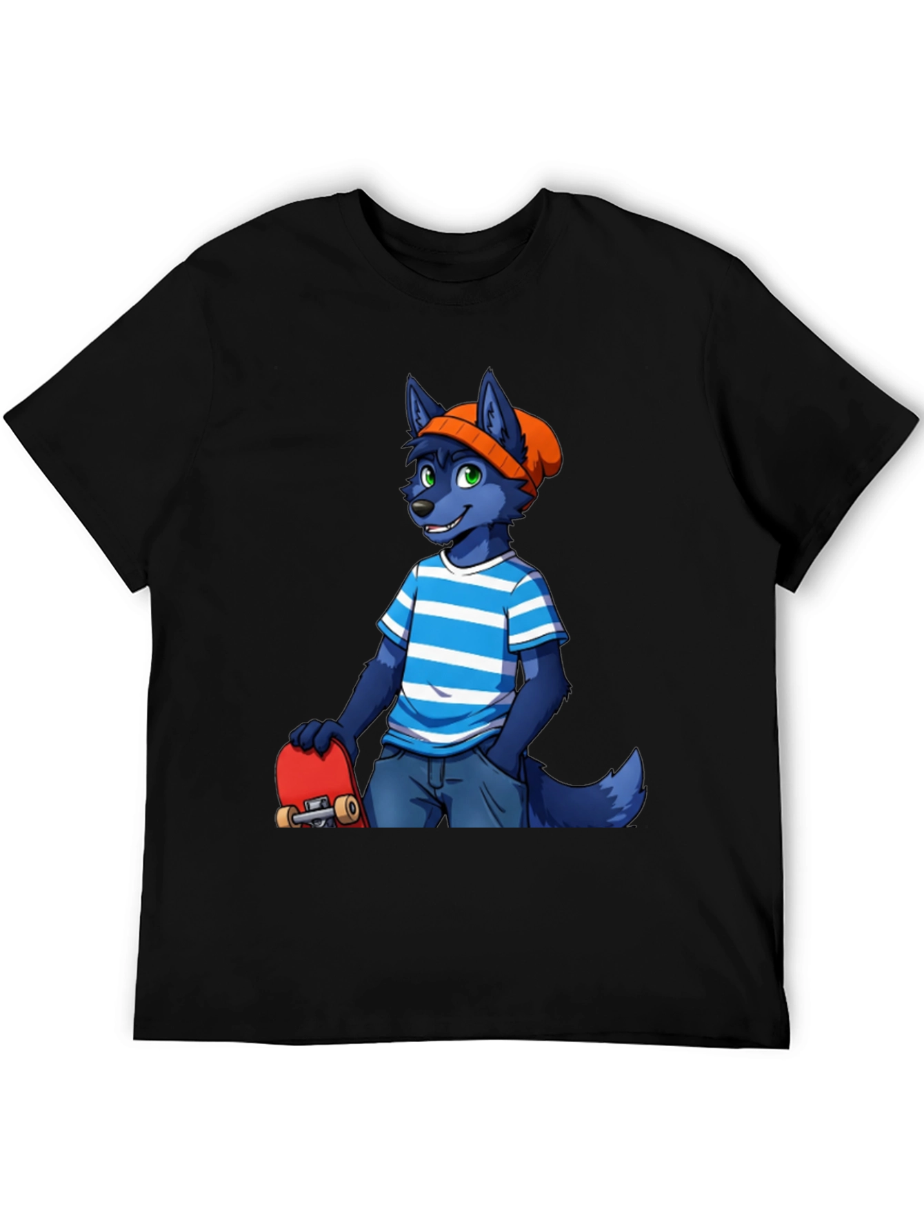 Black Furry Skater T-Shirt - Cool Blue Wolf Design view 5