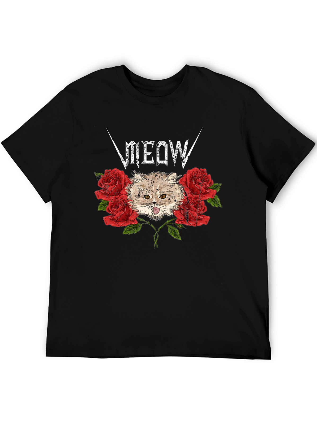 Black Meow Heavy Metal Cat & Roses Black T-Shirt view 5