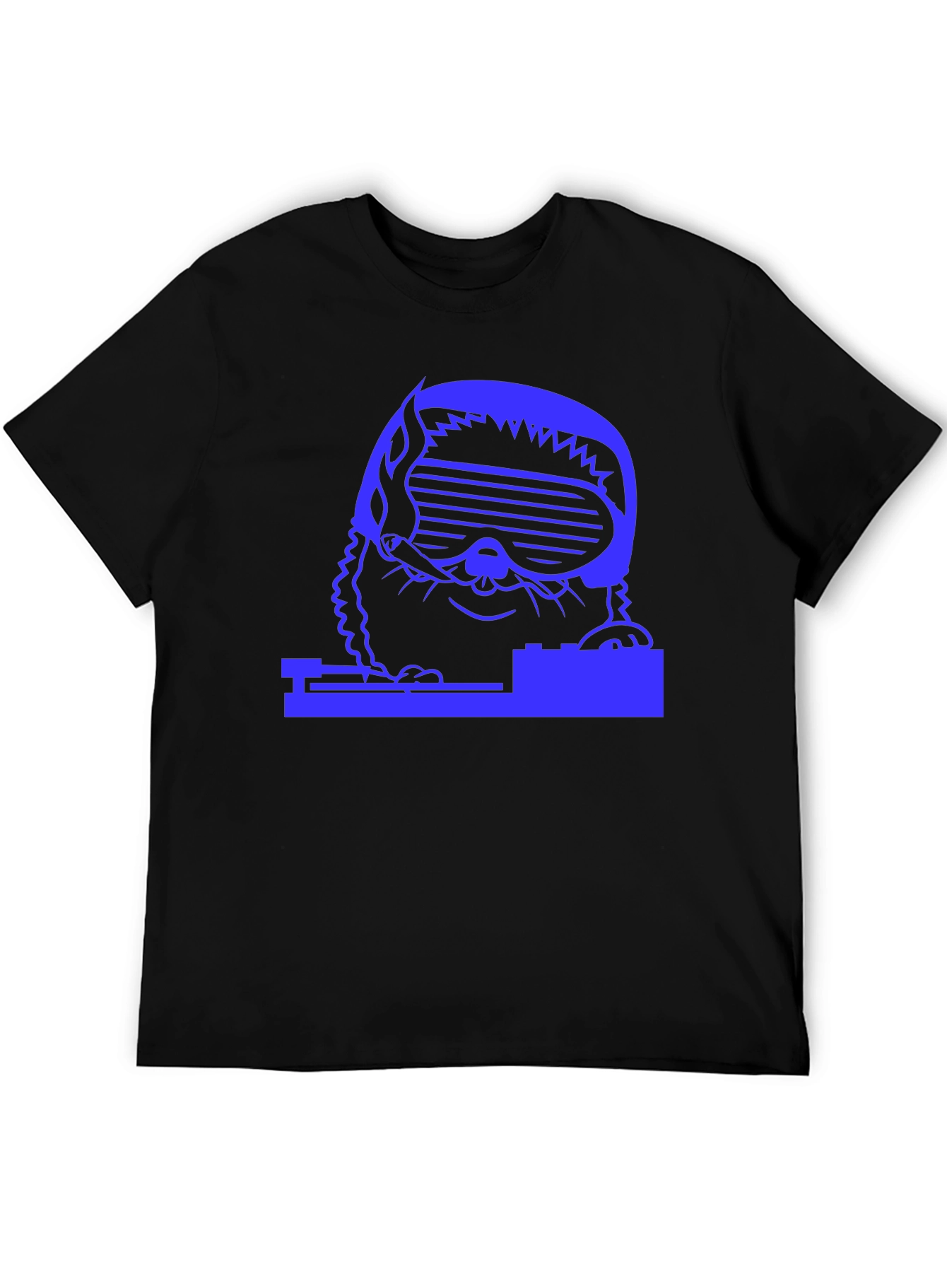 Black DJ Cat T-Shirt - Black Cotton Tee with Blue Graphic view 5