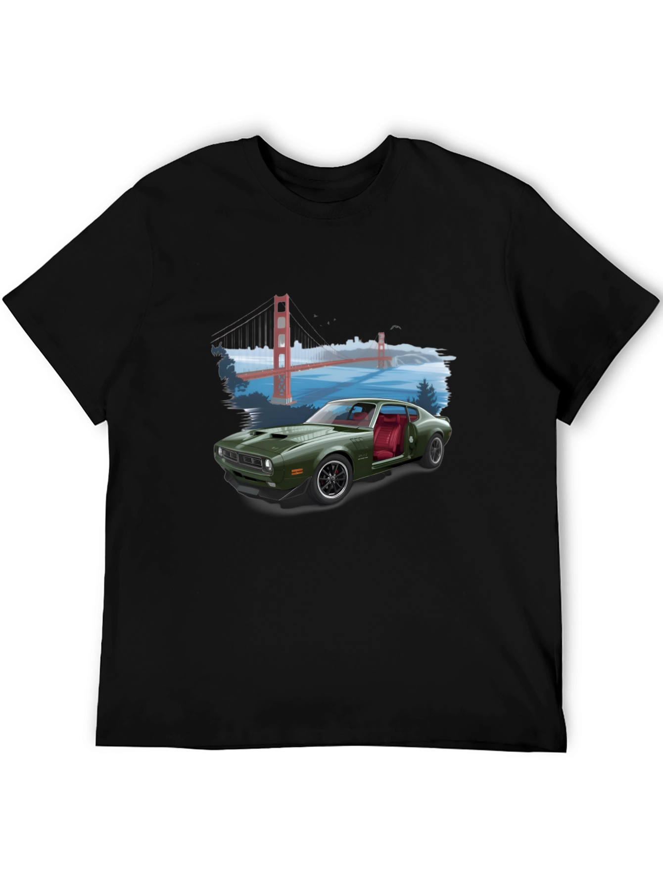 Black Retro Car & Bridge T-Shirt - Unique Graphic Tee view 5