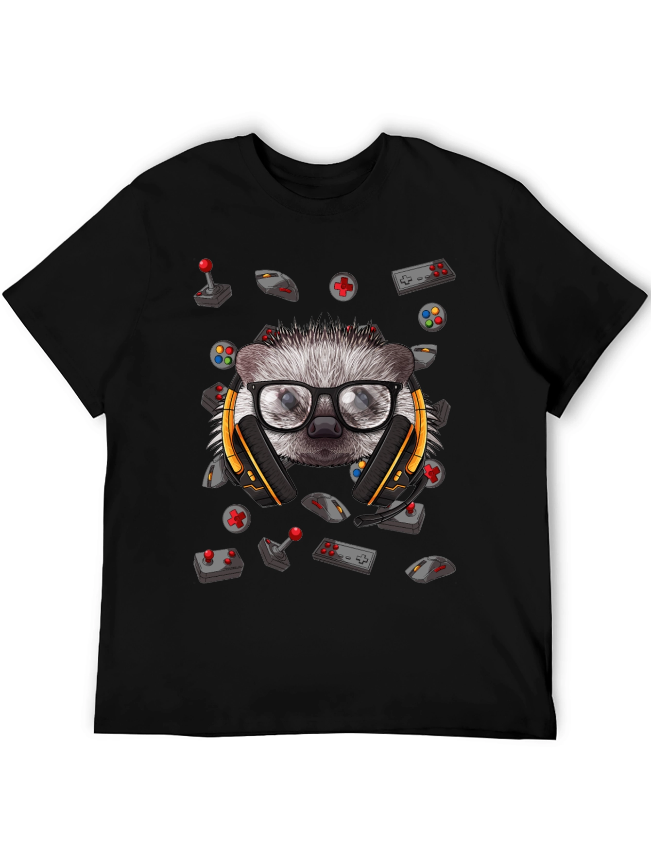 Black Gamer Hedgehog Graphic Tee - Black Cotton T-Shirt view 5
