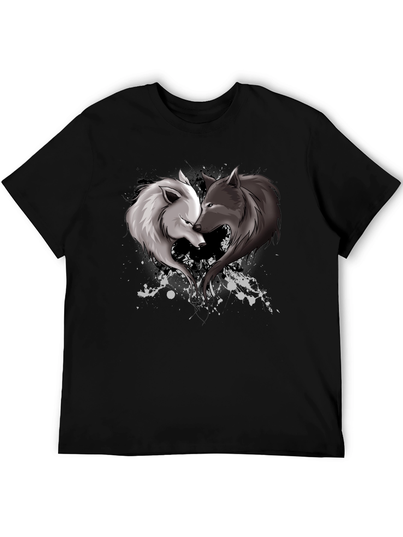 Black Yin Yang Wolves Heart Graphic T-Shirt view 5