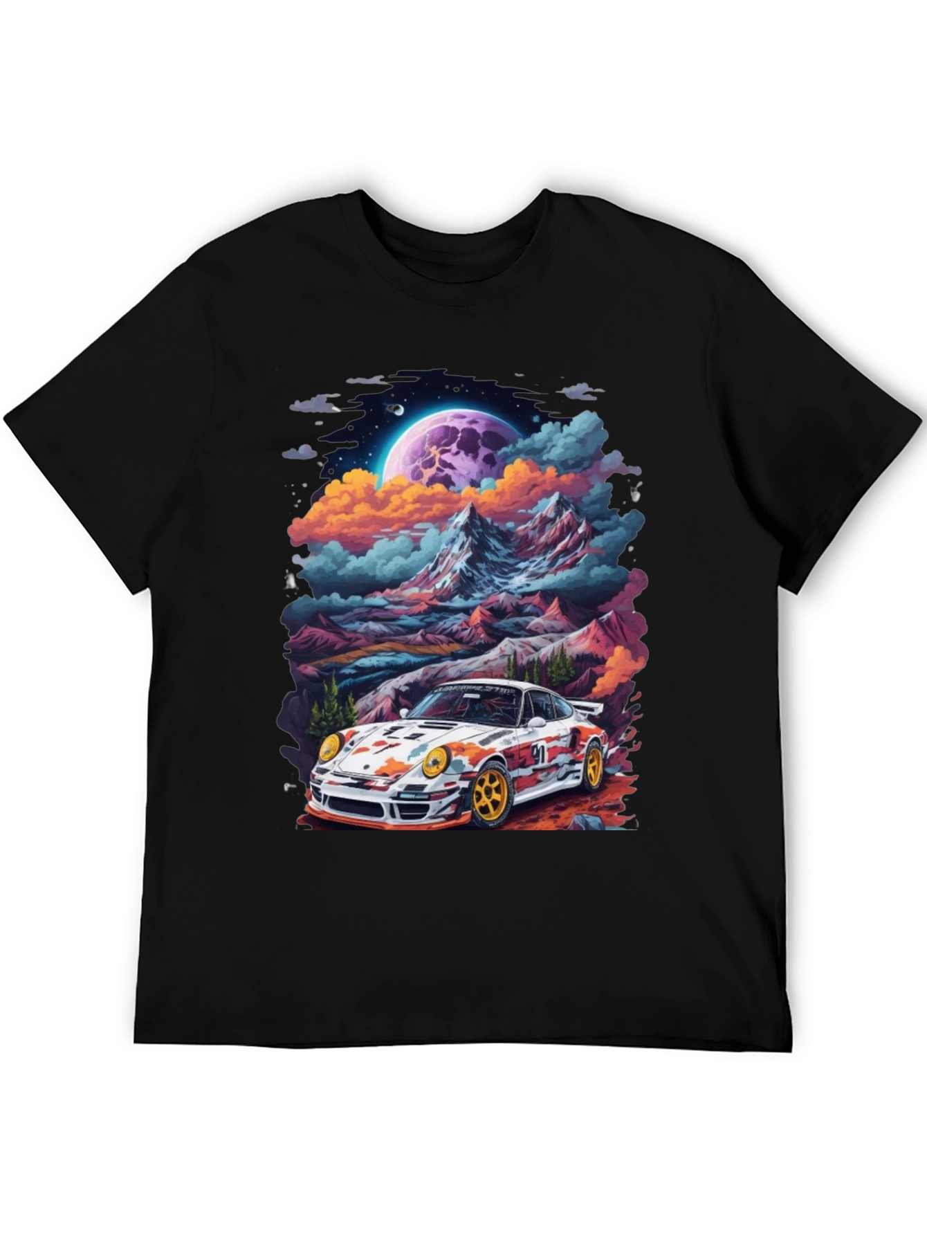 Black Retro Racer T-Shirt: Car & Mountain Design view 5