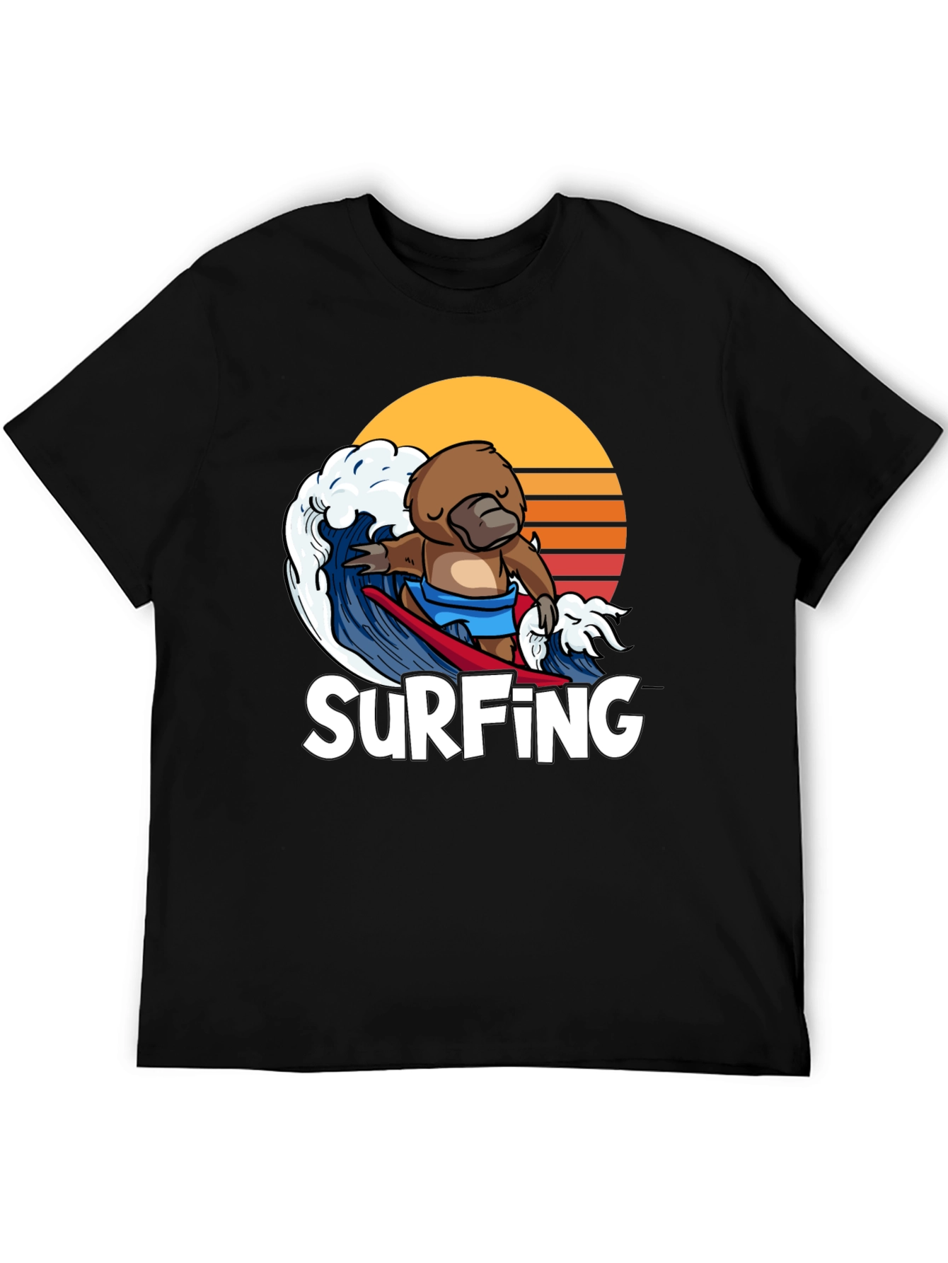Black Surfing Platypus T-Shirt - Retro Wave Design view 5