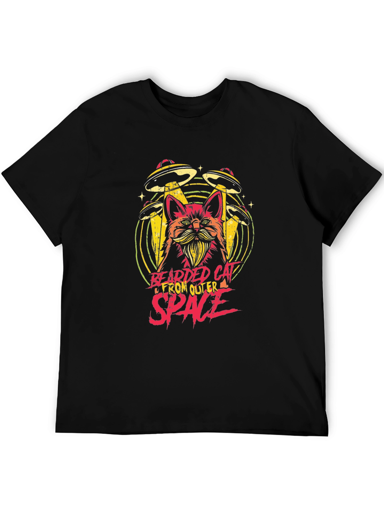 Black Bearded Cat From Outer Space Black T-Shirt view 5