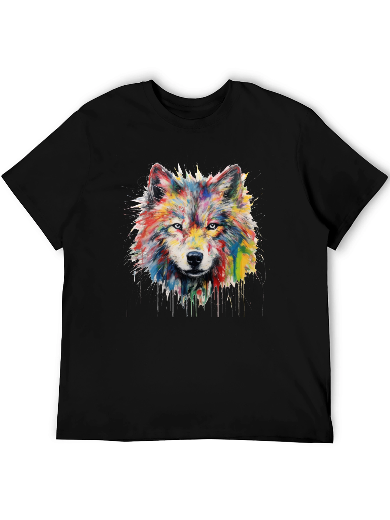 Black Colorful Watercolor Wolf Graphic Black T-Shirt view 5