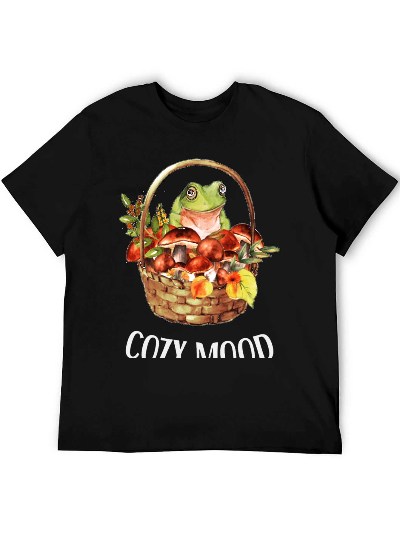 Black Cozy Mood Frog & Mushroom Basket T-Shirt view 5