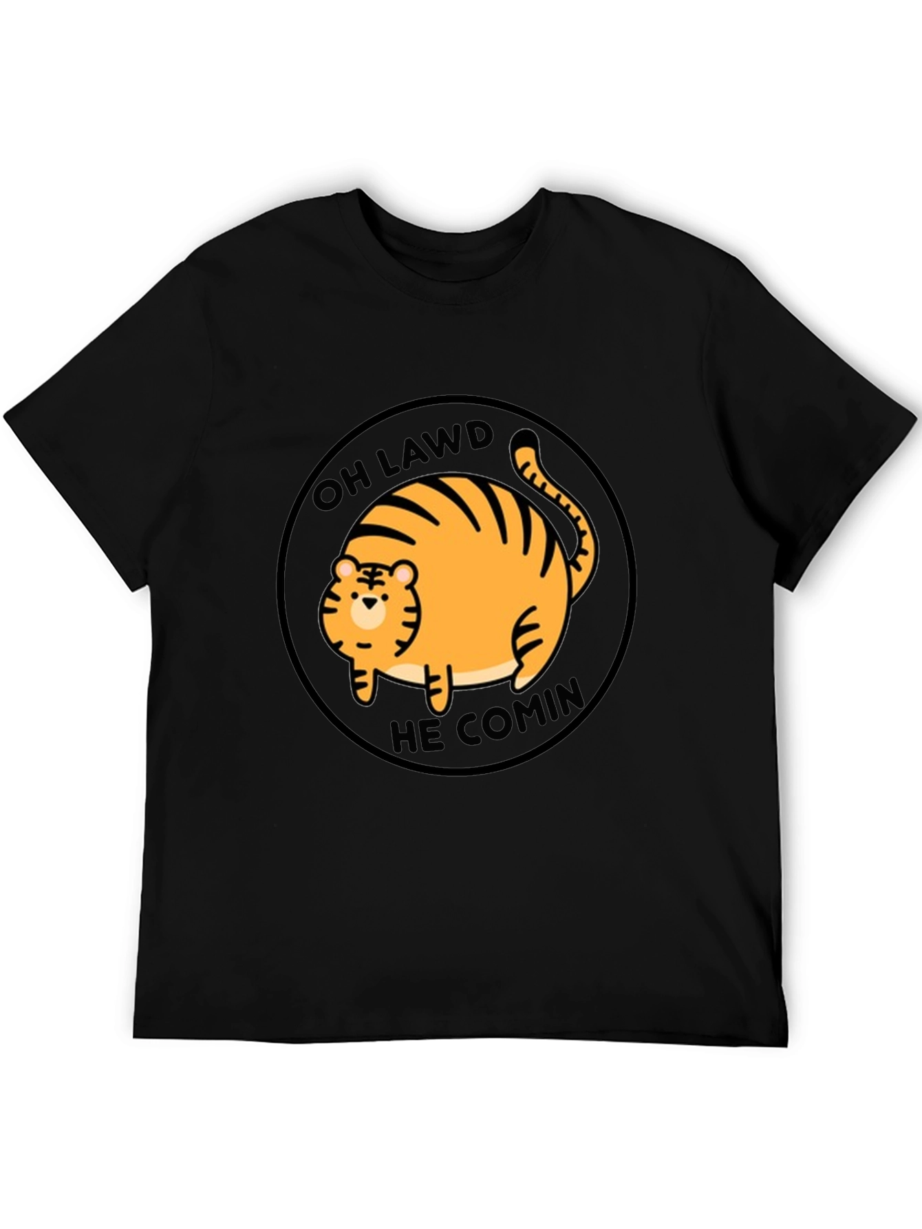 Black Oh Lawd He Comin' Cat T-Shirt - Funny Round Orange Tabby Tee view 5