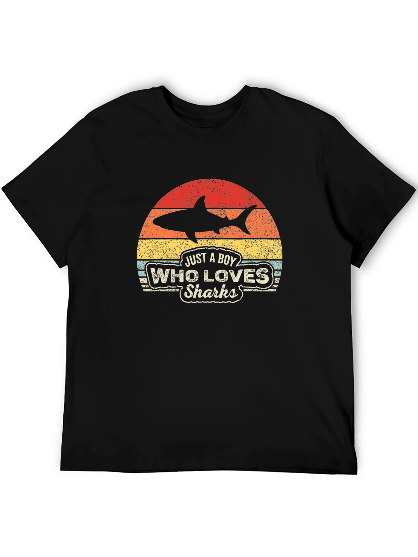 Black Boy Who Loves Sharks Black T-Shirt - Retro Style view 5