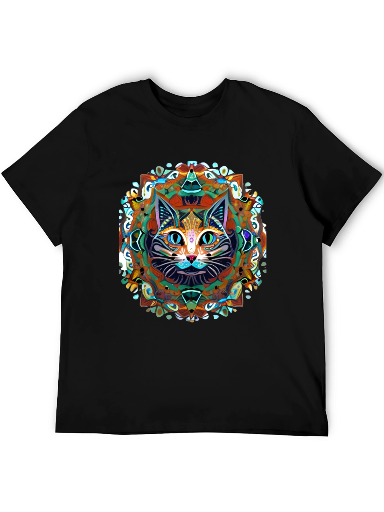 Black Psychedelic Cat Mandala T-Shirt view 5