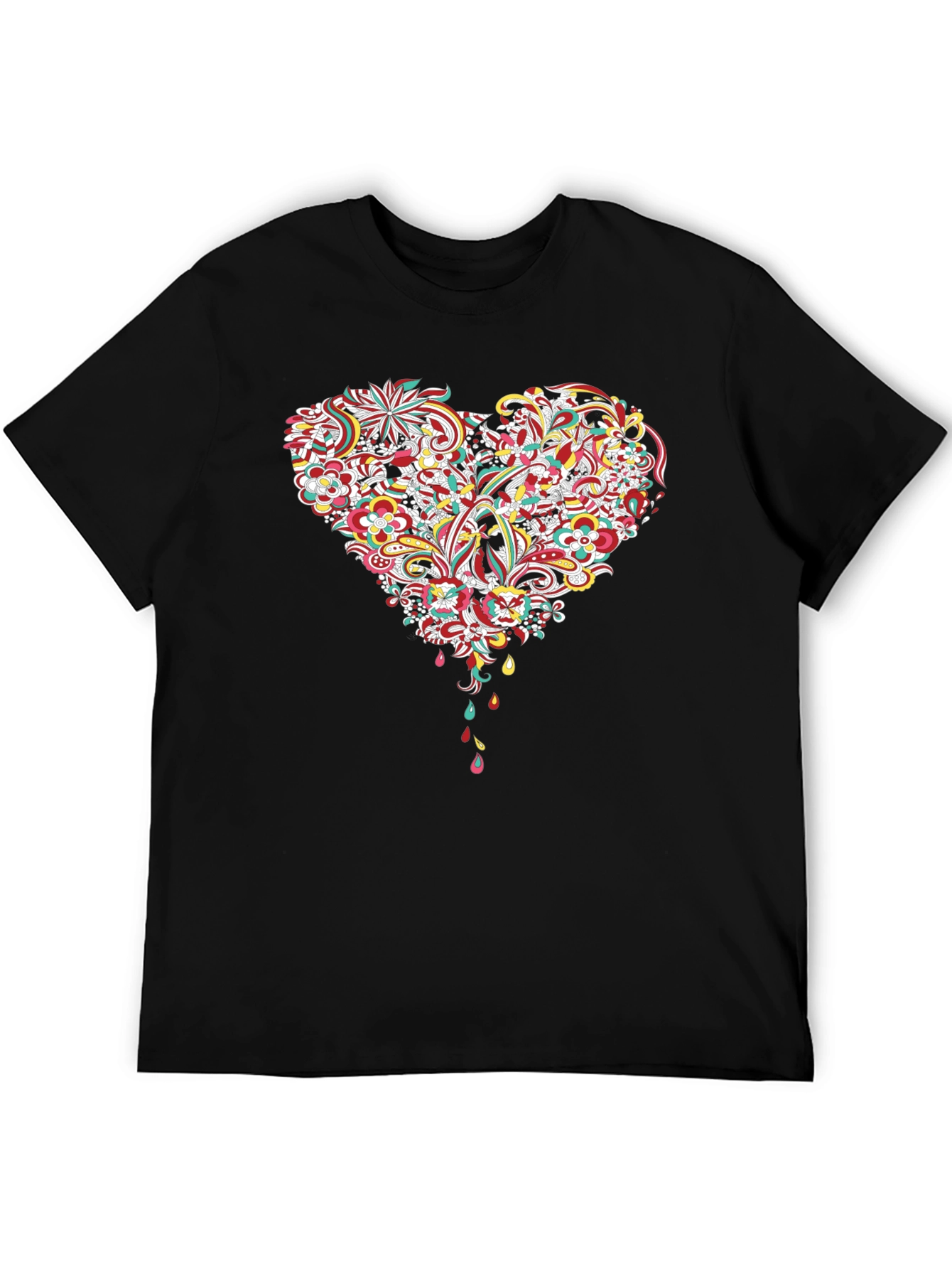 Black Floral Heart Graphic Tee - Black Cotton T-Shirt view 5
