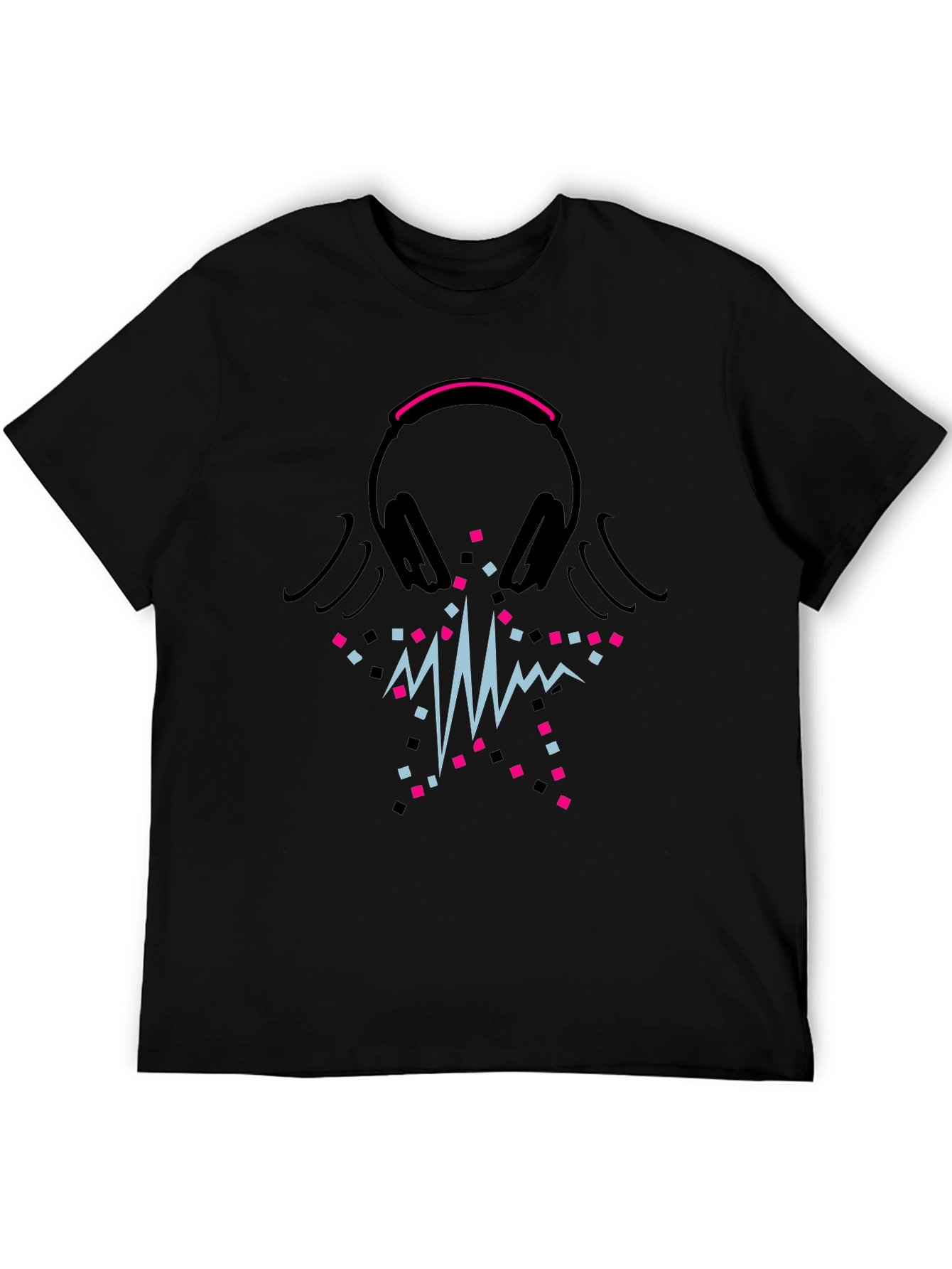 Black Black T-Shirt with Headphones and Soundwave Design view 5