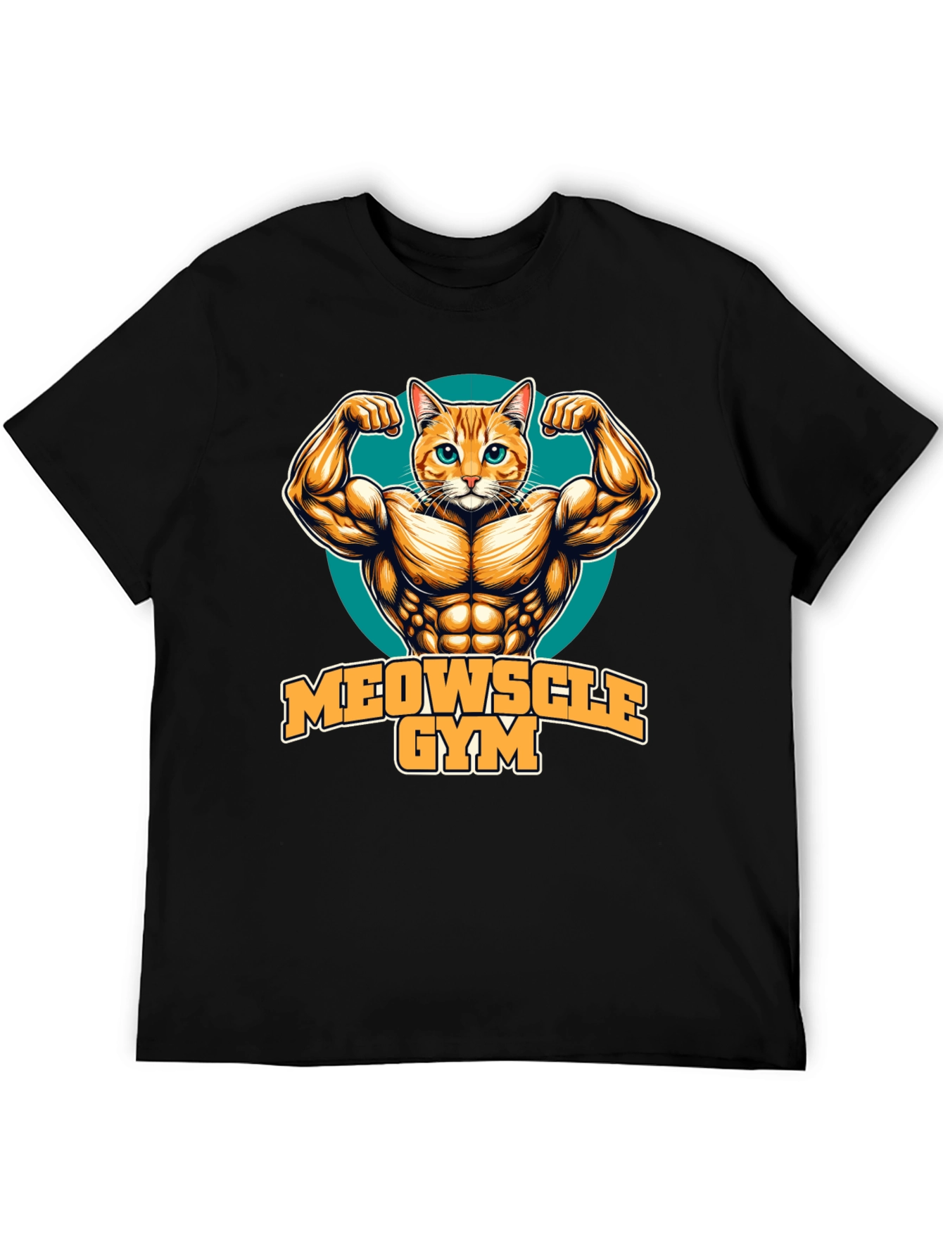 Black Meowscle Gym Black T-Shirt - Muscle Cat Design view 5