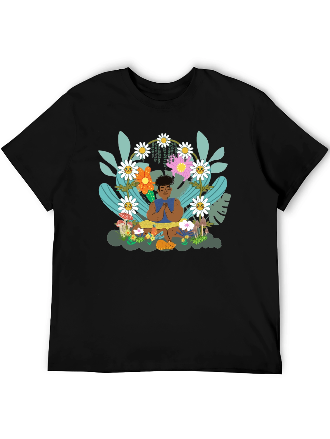 Black Zen Garden T-Shirt - Meditating Figure with Floral Design view 5