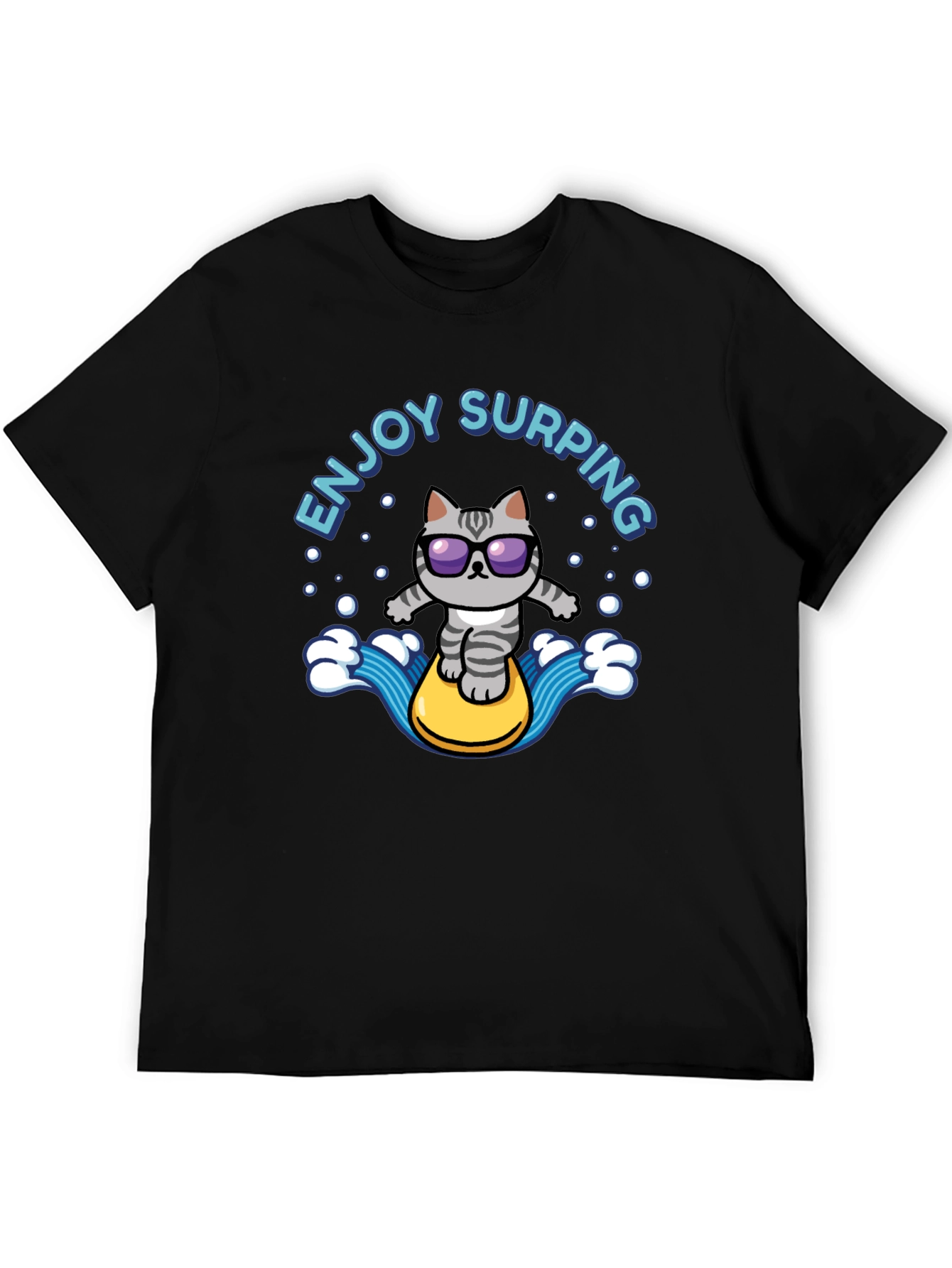 Black Enjoy Surfing Cat T-Shirt - Cool Black Tee view 5