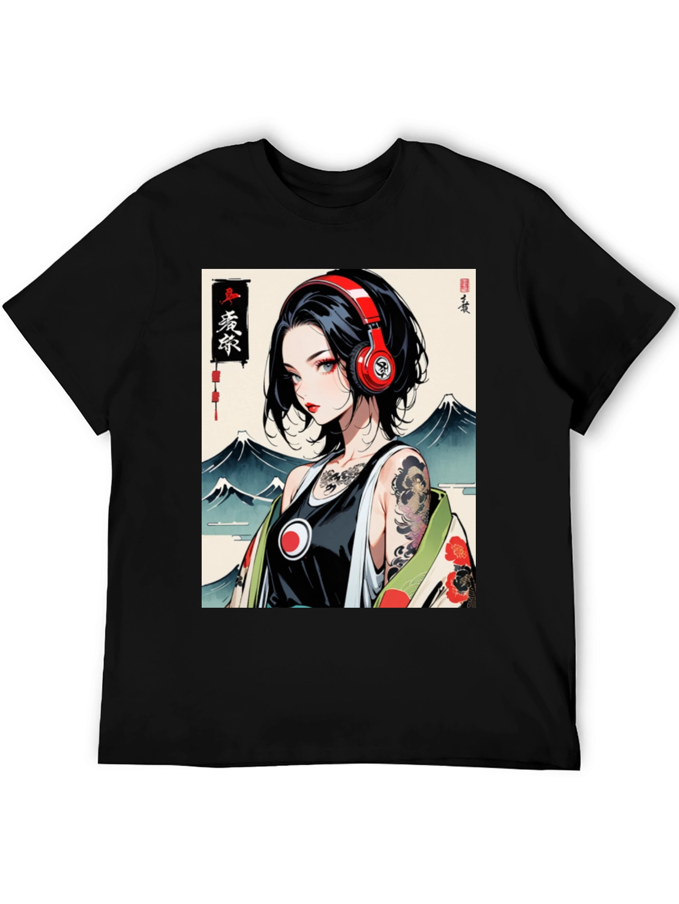 Black Anime Girl Headphones Graphic Black T-Shirt view 5