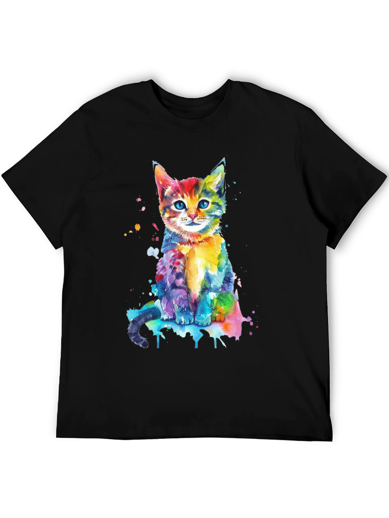 Black Watercolor Cat Graphic Tee - Vibrant Colorful Kitten Shirt view 5