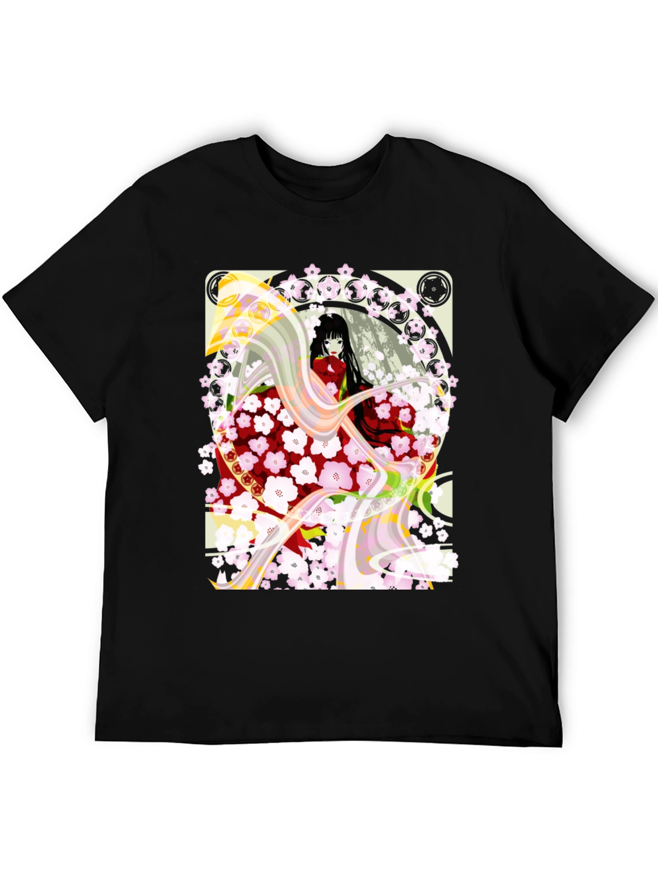 Anime Girl Cherry Blossom Black T-Shirt - 5