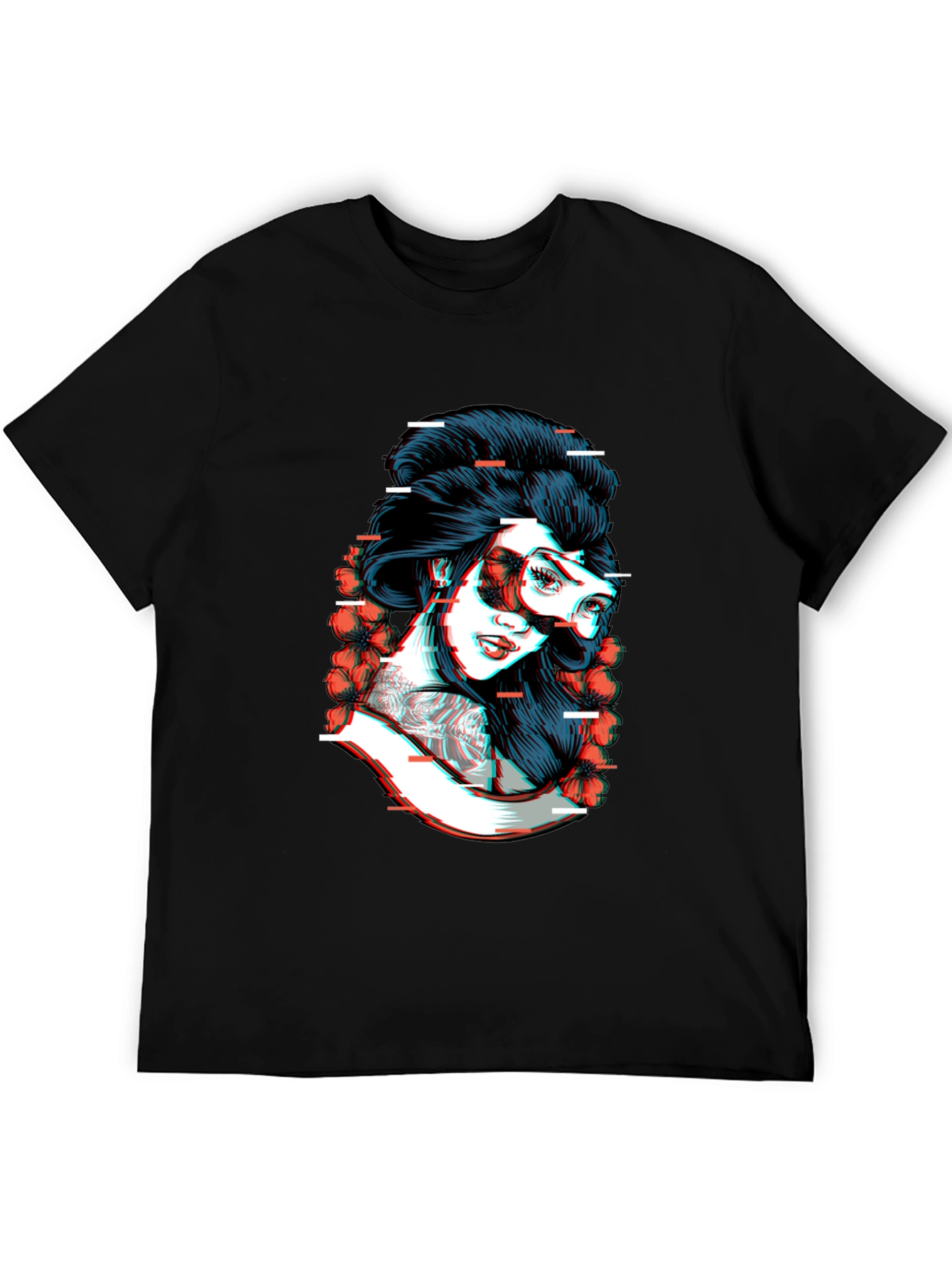 Black Glitch Geisha Graphic Tee - Black Cotton T-Shirt view 5