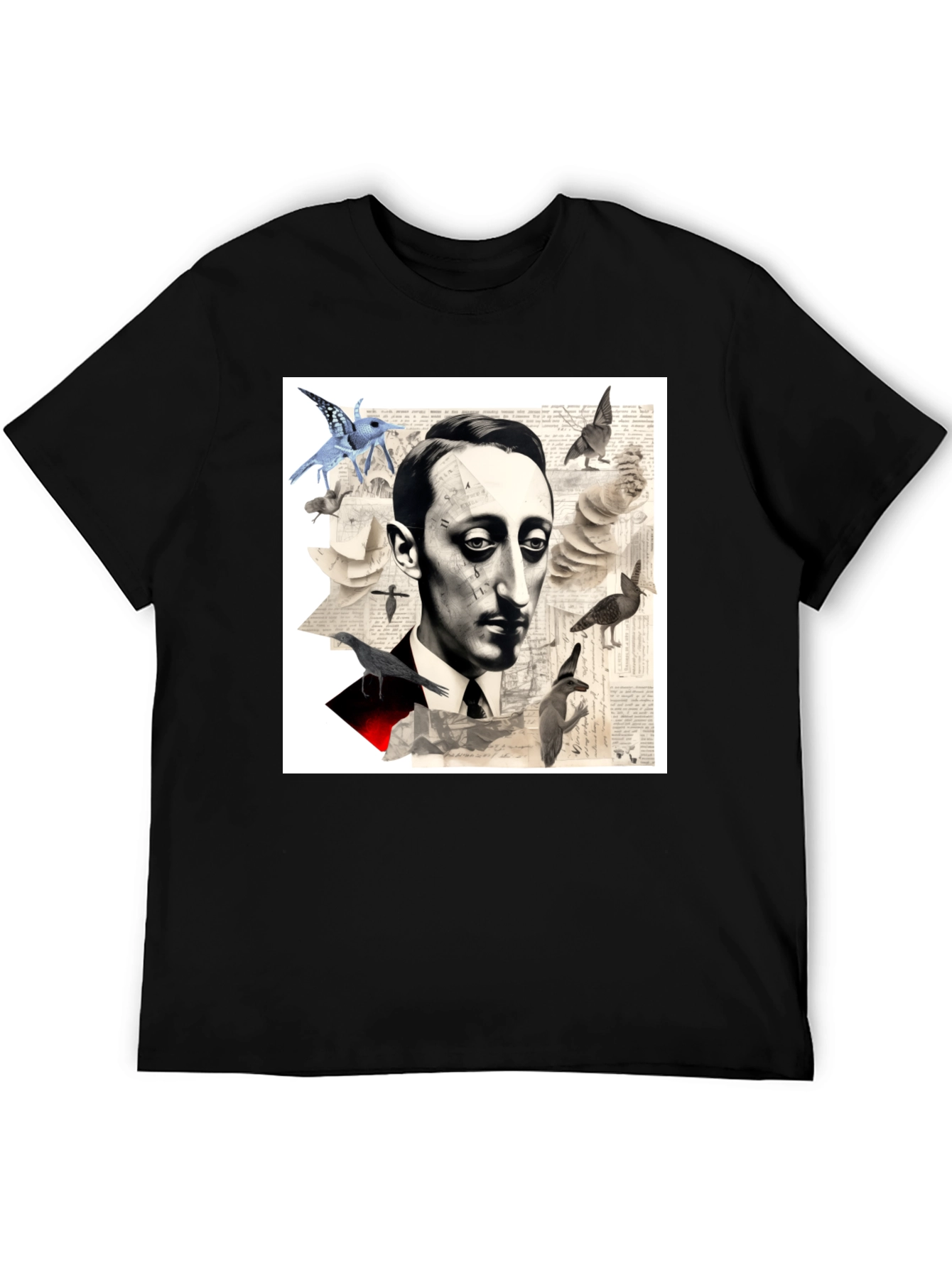 Black Surrealist Literary T-Shirt: Portrait with Birds view 5