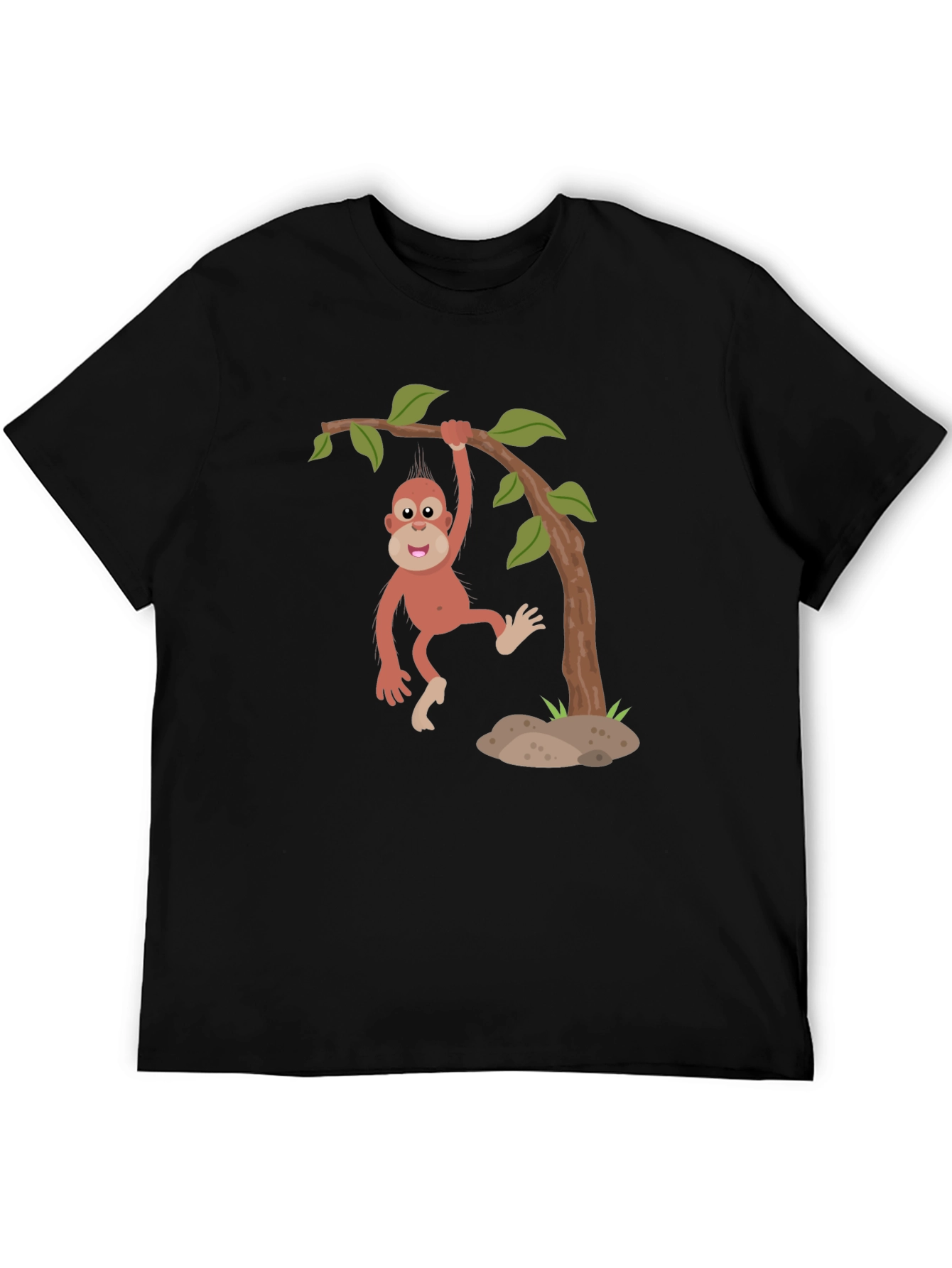 Cartoon Monkey Hanging from Tree Black T-Shirt - 5