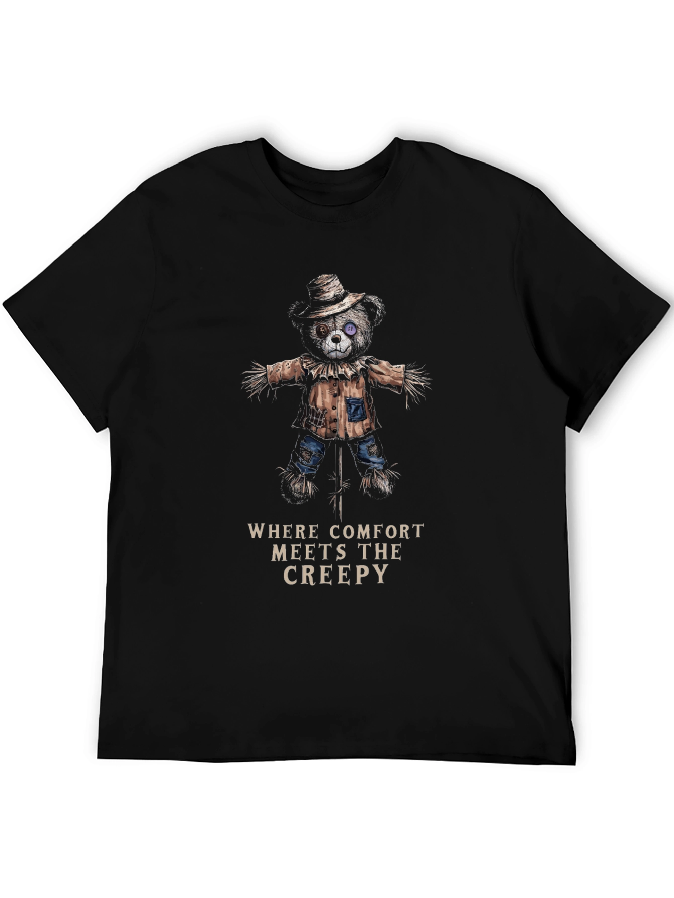 Black Creepy Comfort T-Shirt - Scarecrow Bear Design view 5