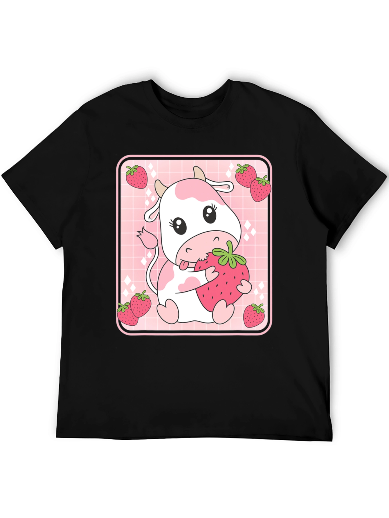 Black Strawberry Cow T-Shirt - Cute Kawaii Design view 5