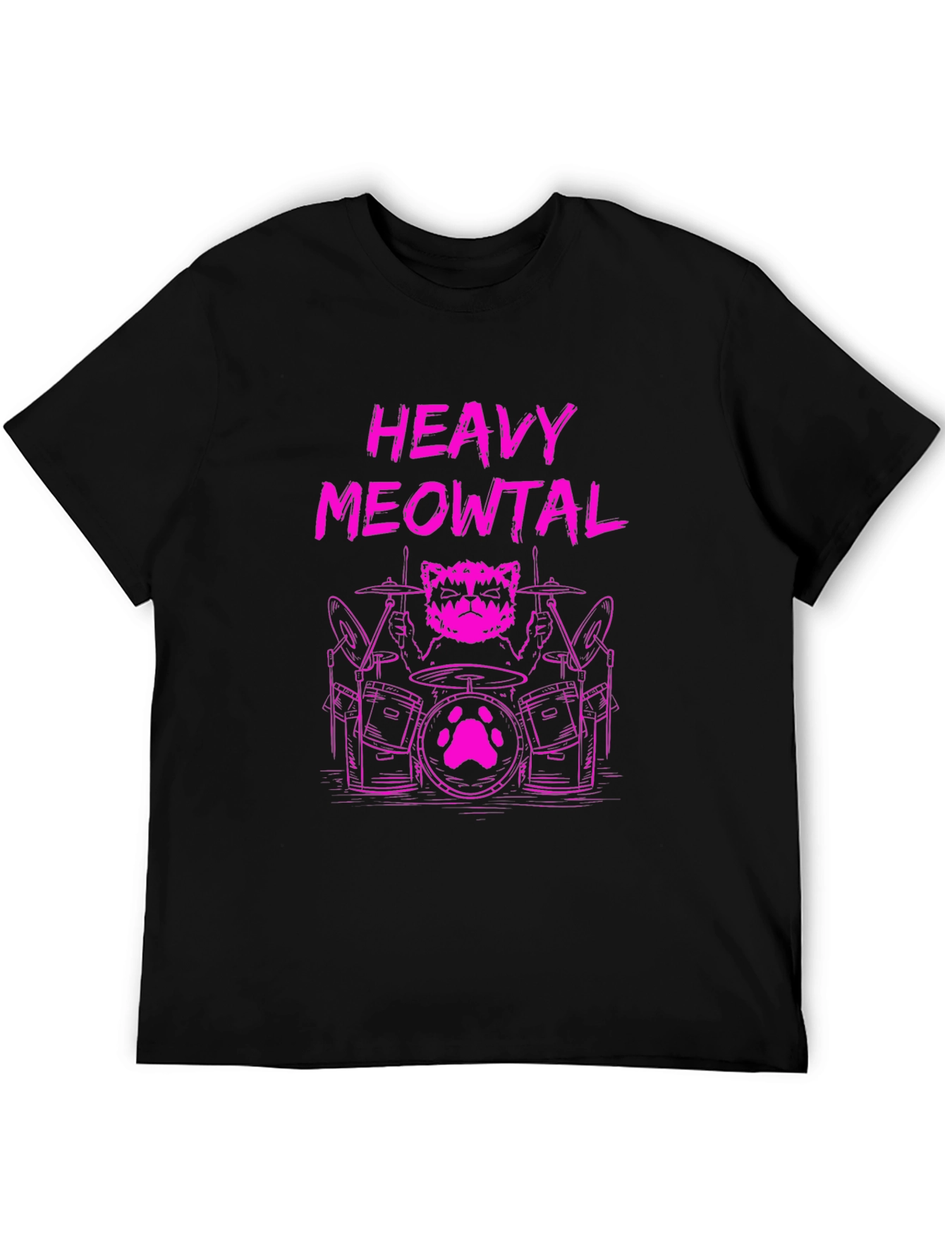 Black Heavy Meowtal Cat Drummer Graphic Tee view 5