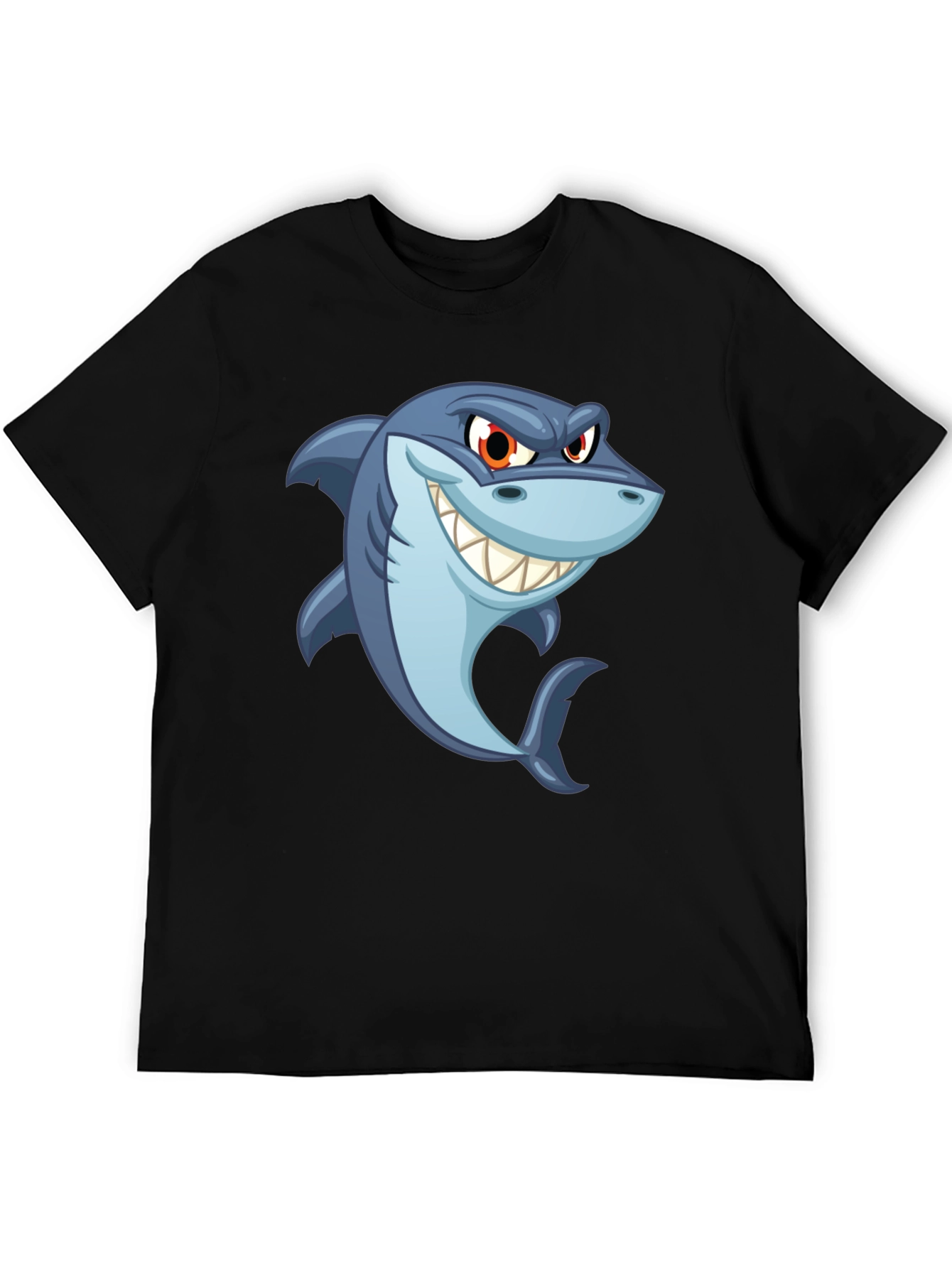 Black Men's Black Shark Cartoon Graphic T-Shirt view 5