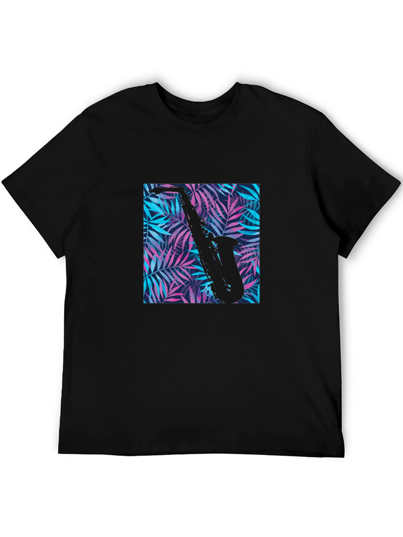 Black Tropical Saxophone Print Black T-Shirt view 5