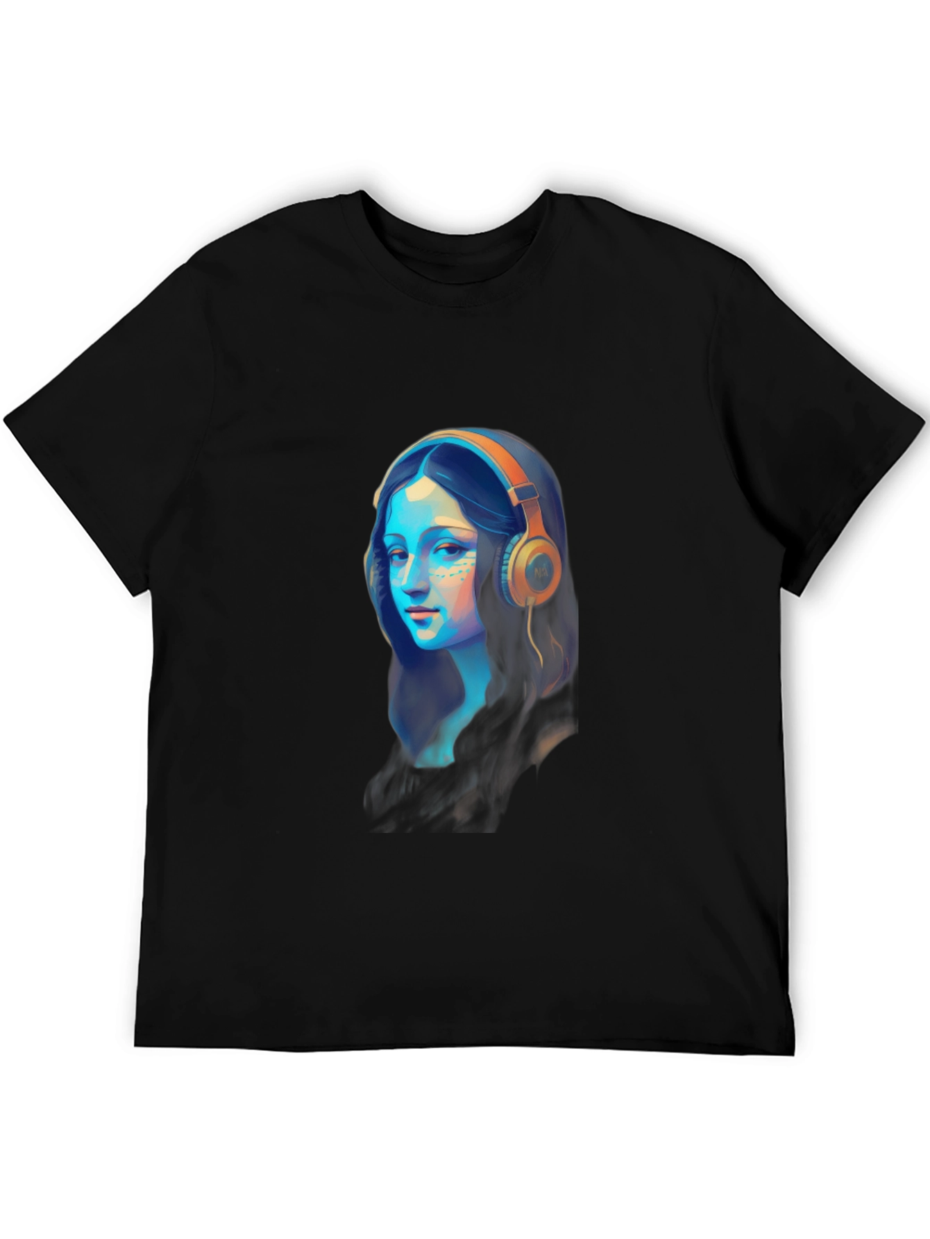Black Mona Lisa Headphones Graphic Black T-Shirt view 5
