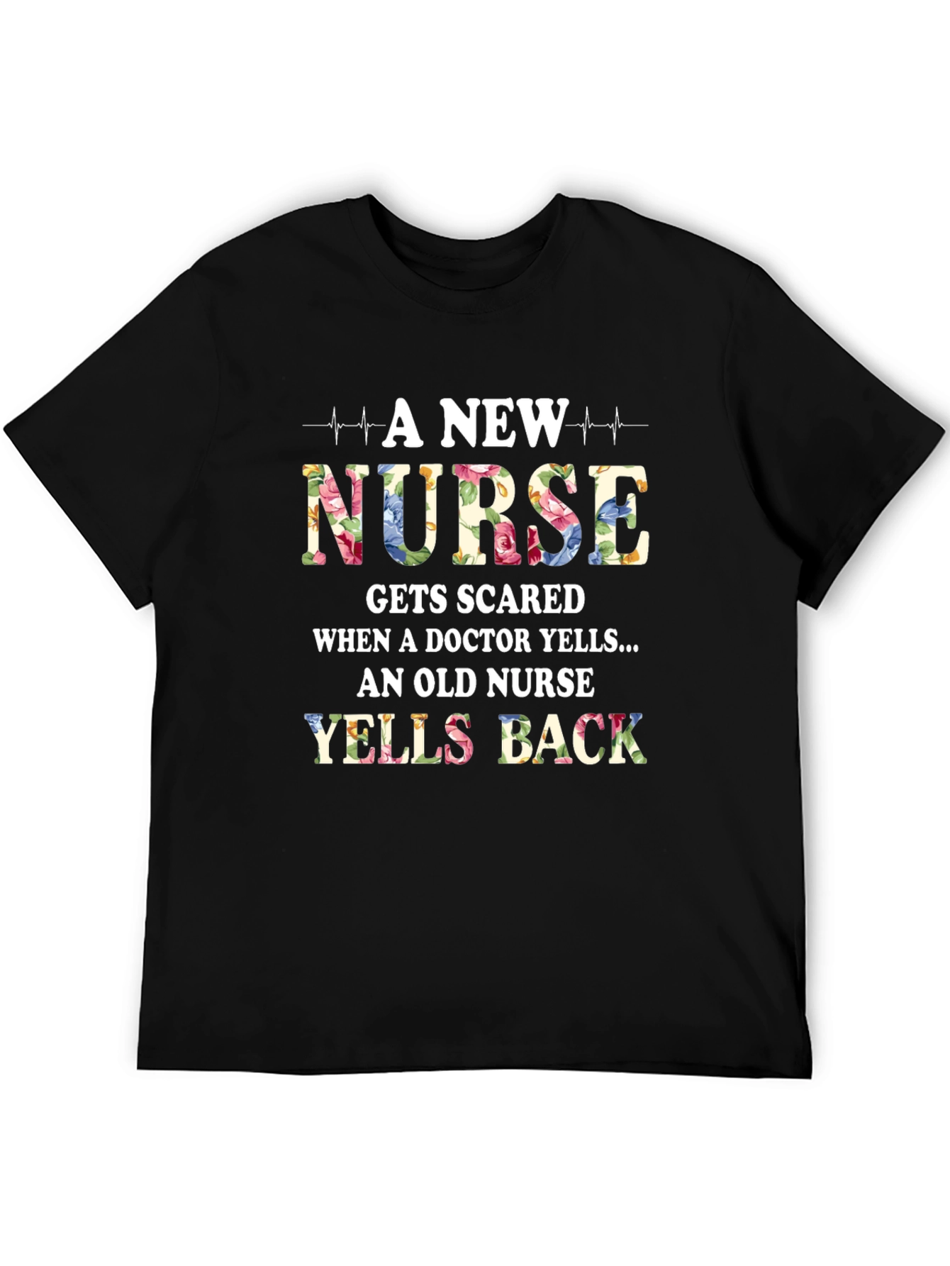 Black Funny Nurse T-Shirt - 'Yells Back' Floral Design view 5
