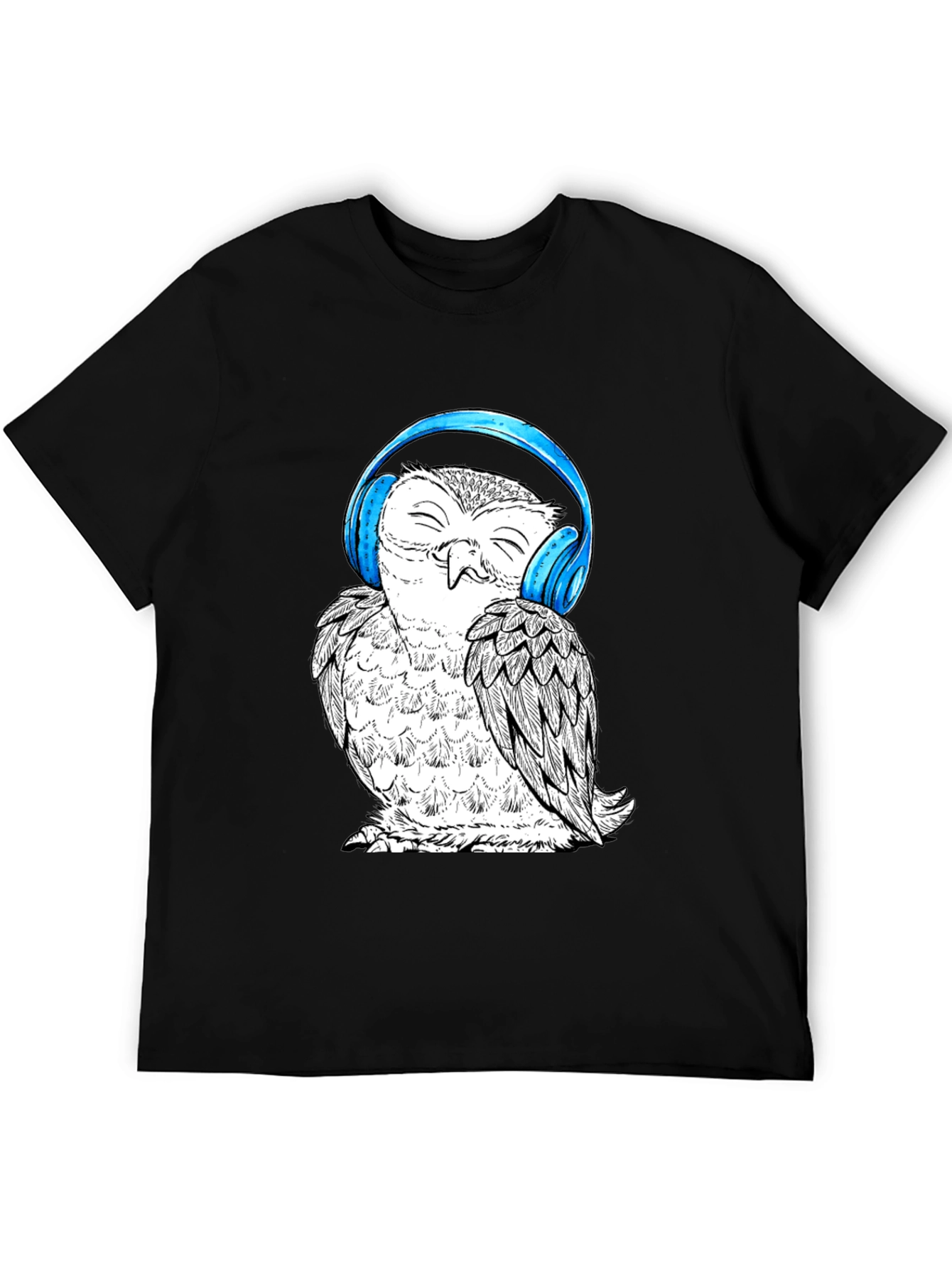 Black Owl with Headphones Graphic Tee - Black Cotton T-Shirt view 5