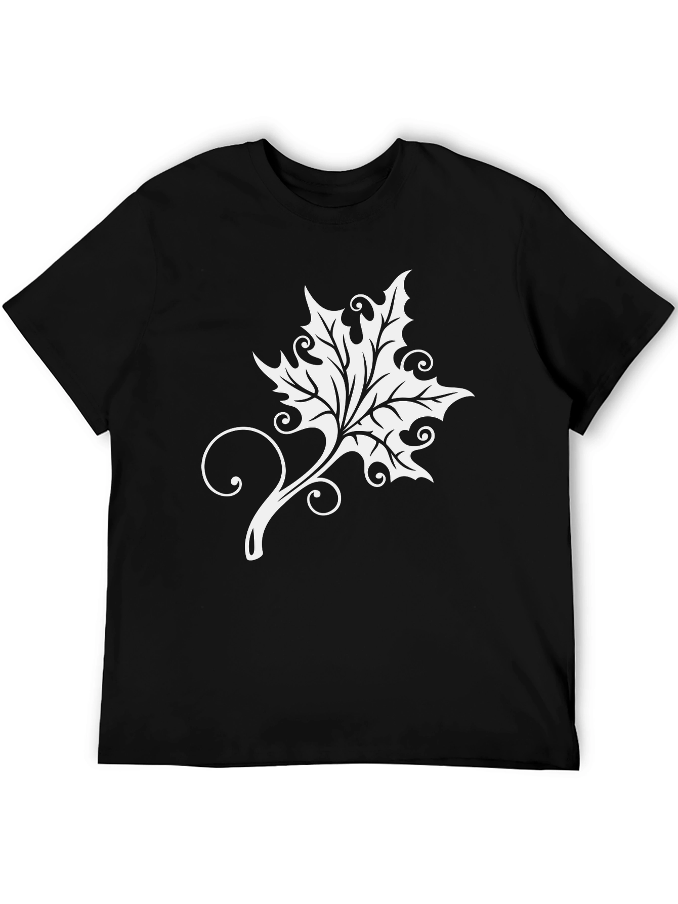 Black Elegant Leaf Graphic Tee - Soft Black Cotton Blend view 5