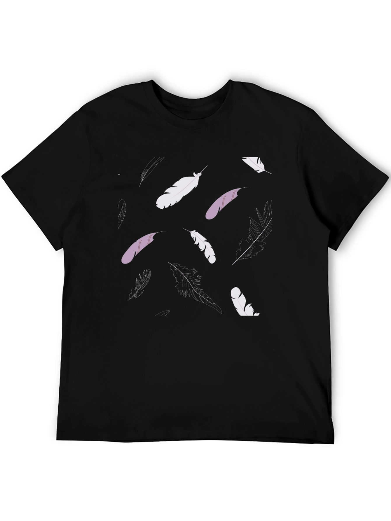 Black Feather Print Black Crew Neck T-Shirt view 5