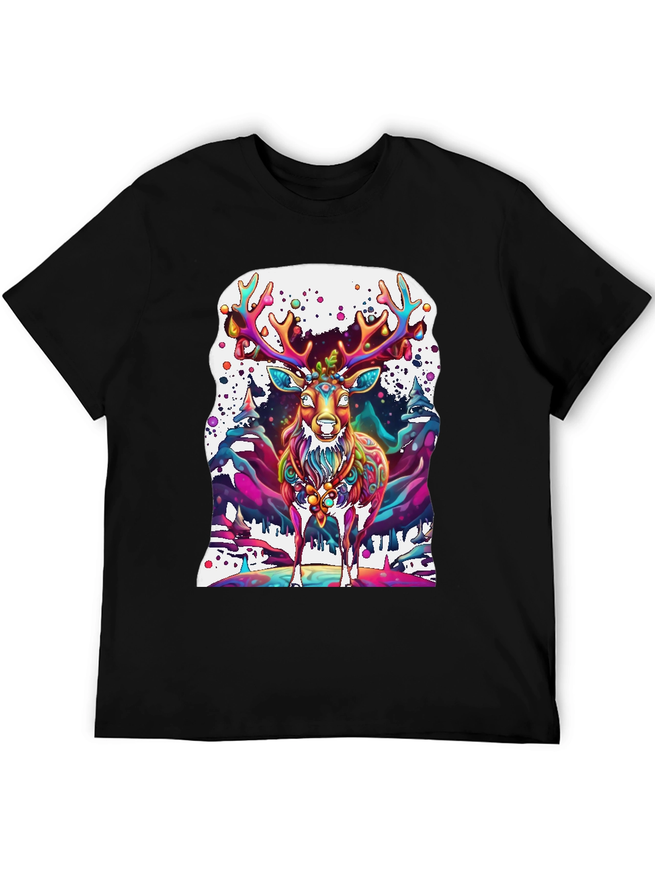 Black Psychedelic Deer Graphic Tee - Vivid Colorful Print view 5
