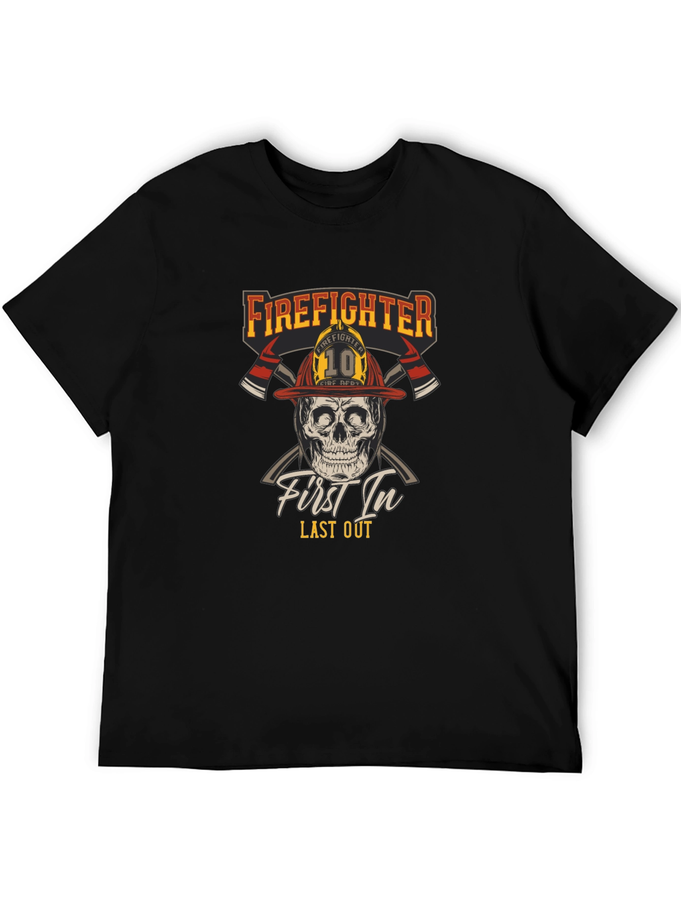 Black Firefighter Skull T-Shirt - First In Last Out Graphic Tee view 5