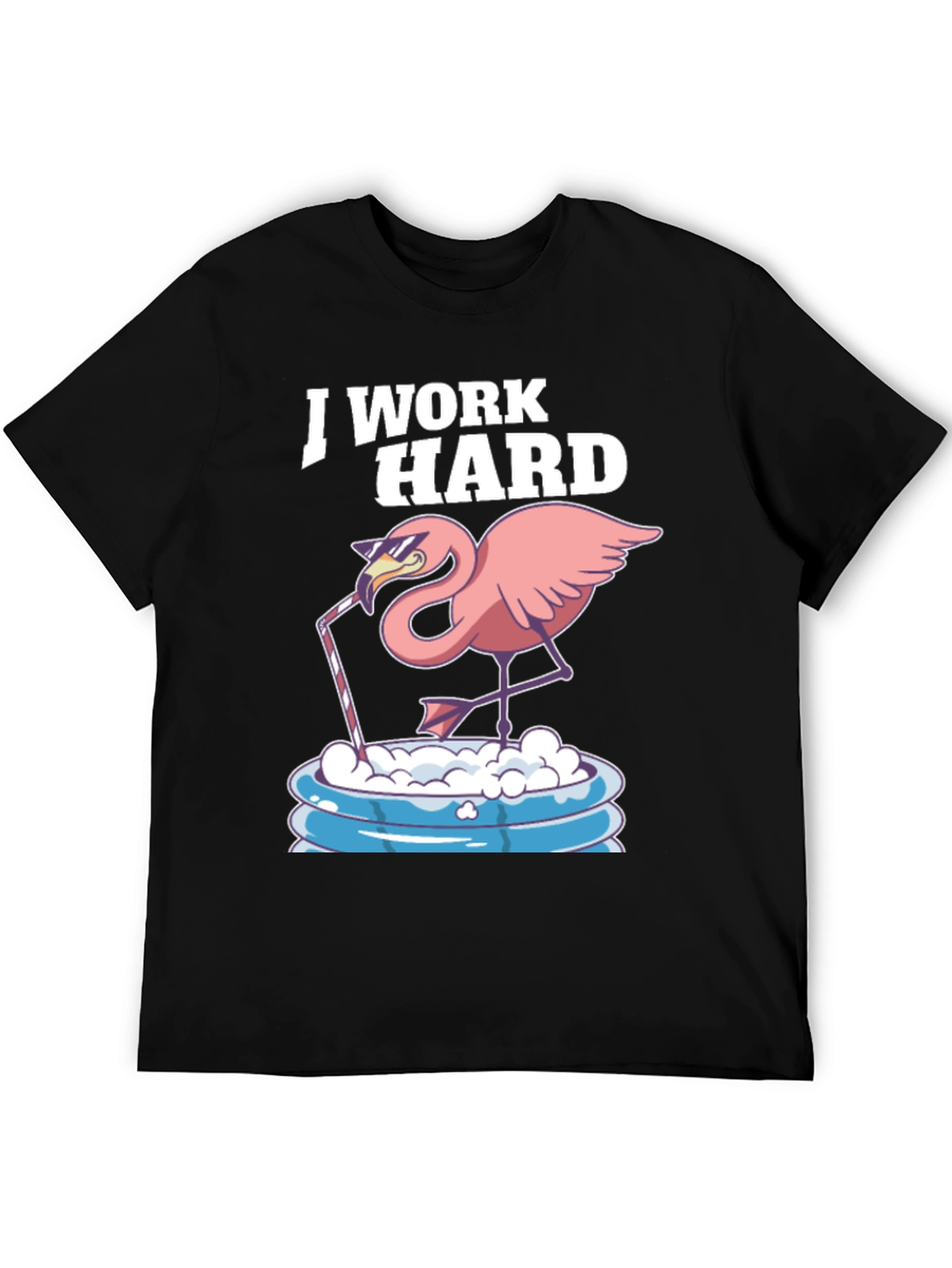 Black I Work Hard Flamingo T-Shirt - Relaxed Poolside Style view 5