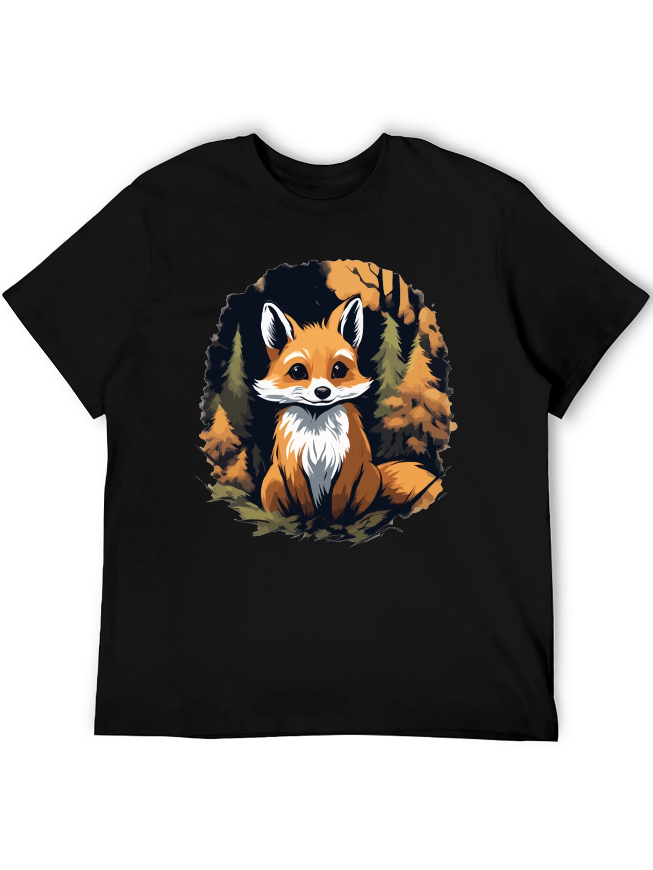 Black Fox in Forest Graphic Print Black T-Shirt view 5