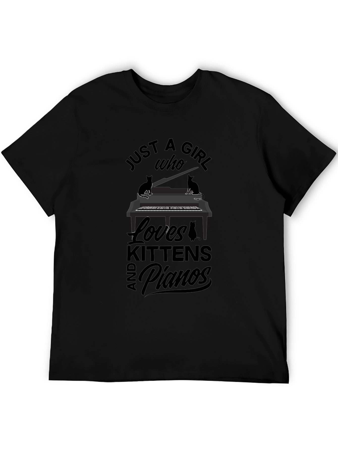 Black Just A Girl Who Loves Kittens and Pianos T-Shirt view 5