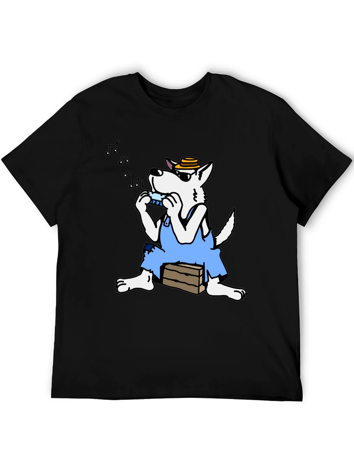Black Cartoon Wolf Harmonica T-Shirt view 5