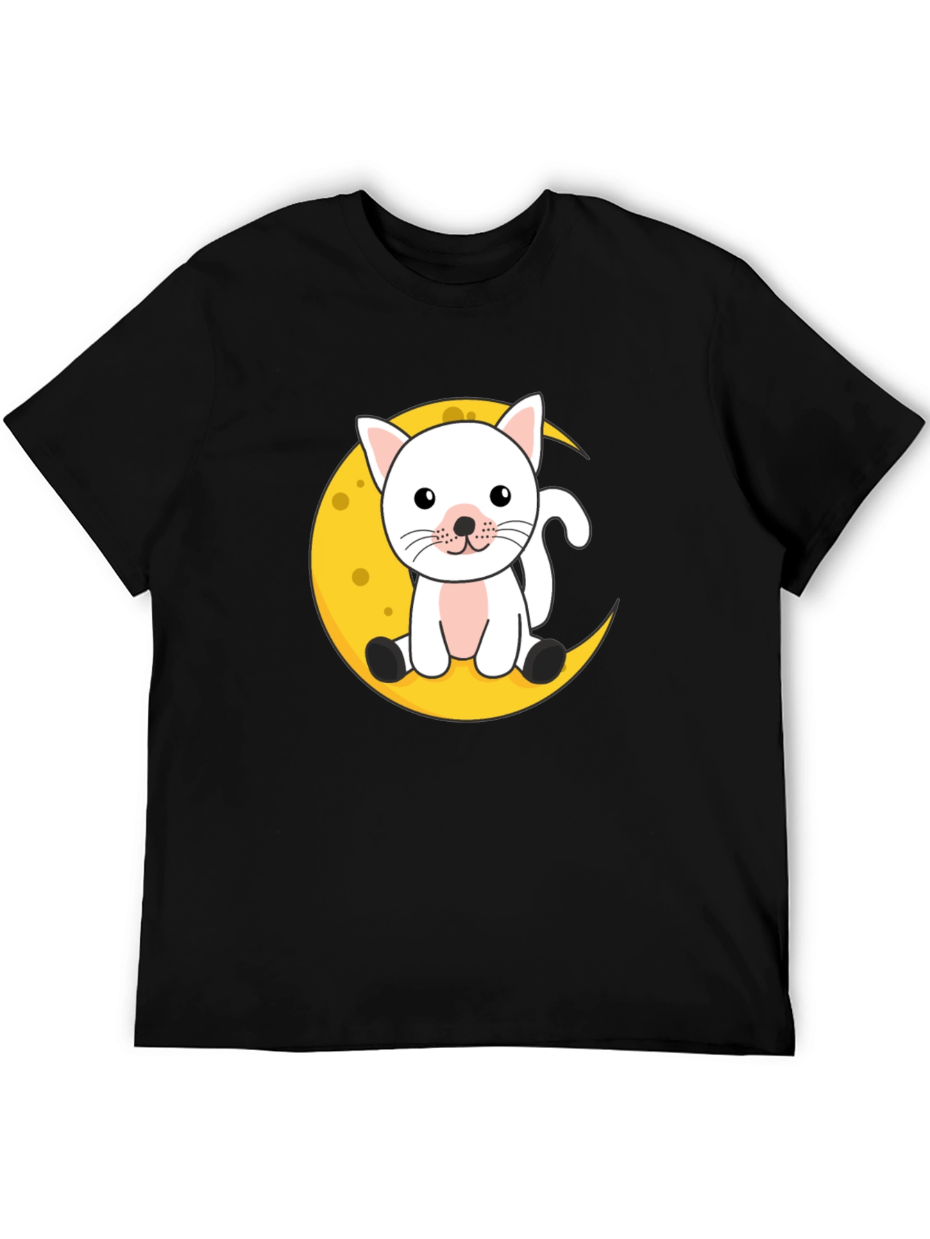 Black Cute Cat on Moon Graphic Black T-Shirt view 5