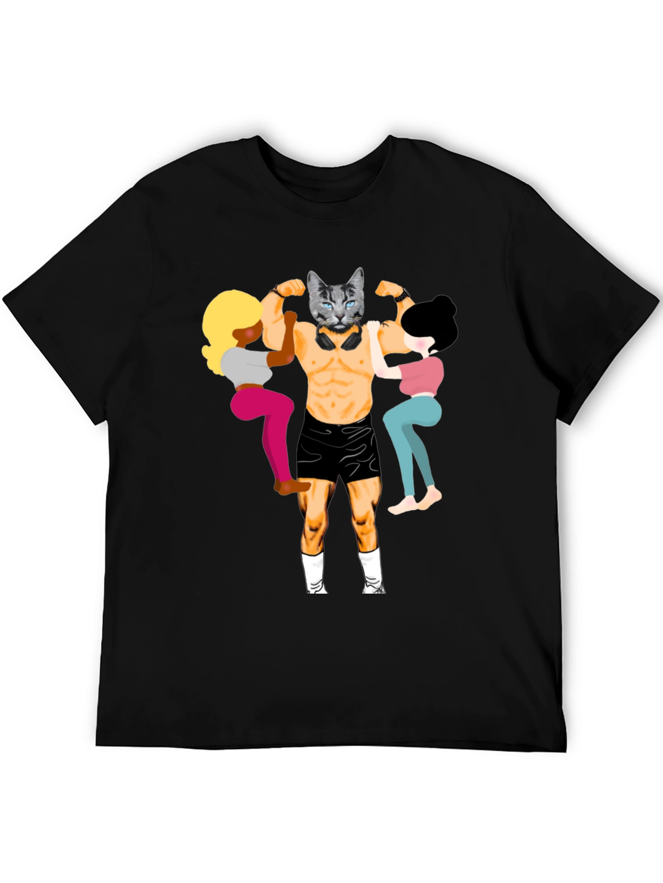 Black Funny Cat Bodybuilder Graphic Tee view 5