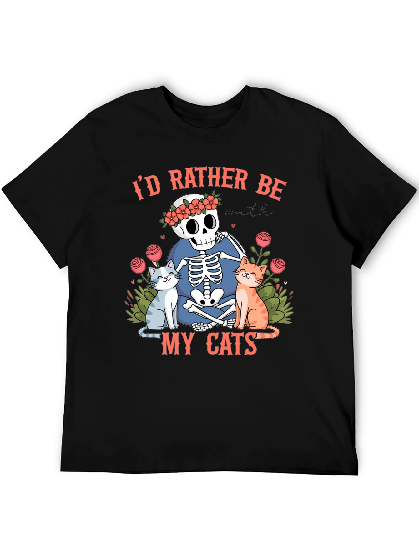 Black Skeleton & Cats Graphic Tee - "I'd Rather Be With My Cats" view 5