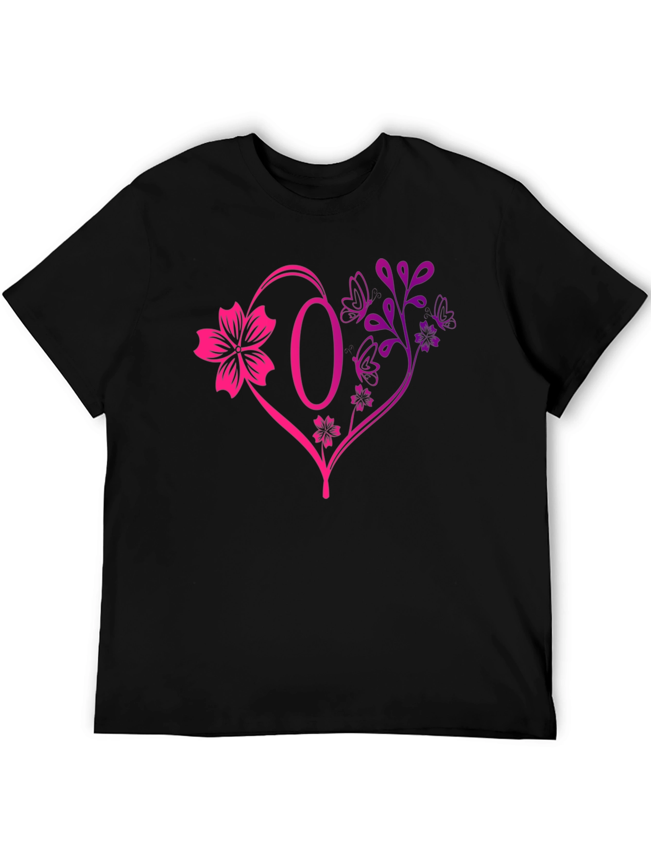 Black Floral Heart Initial T-Shirt - Personalized Letter O Design view 5