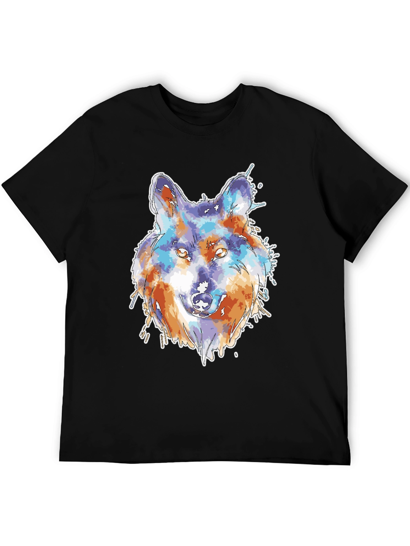 Black Wolf Watercolor Graphic Print Black T-Shirt view 5