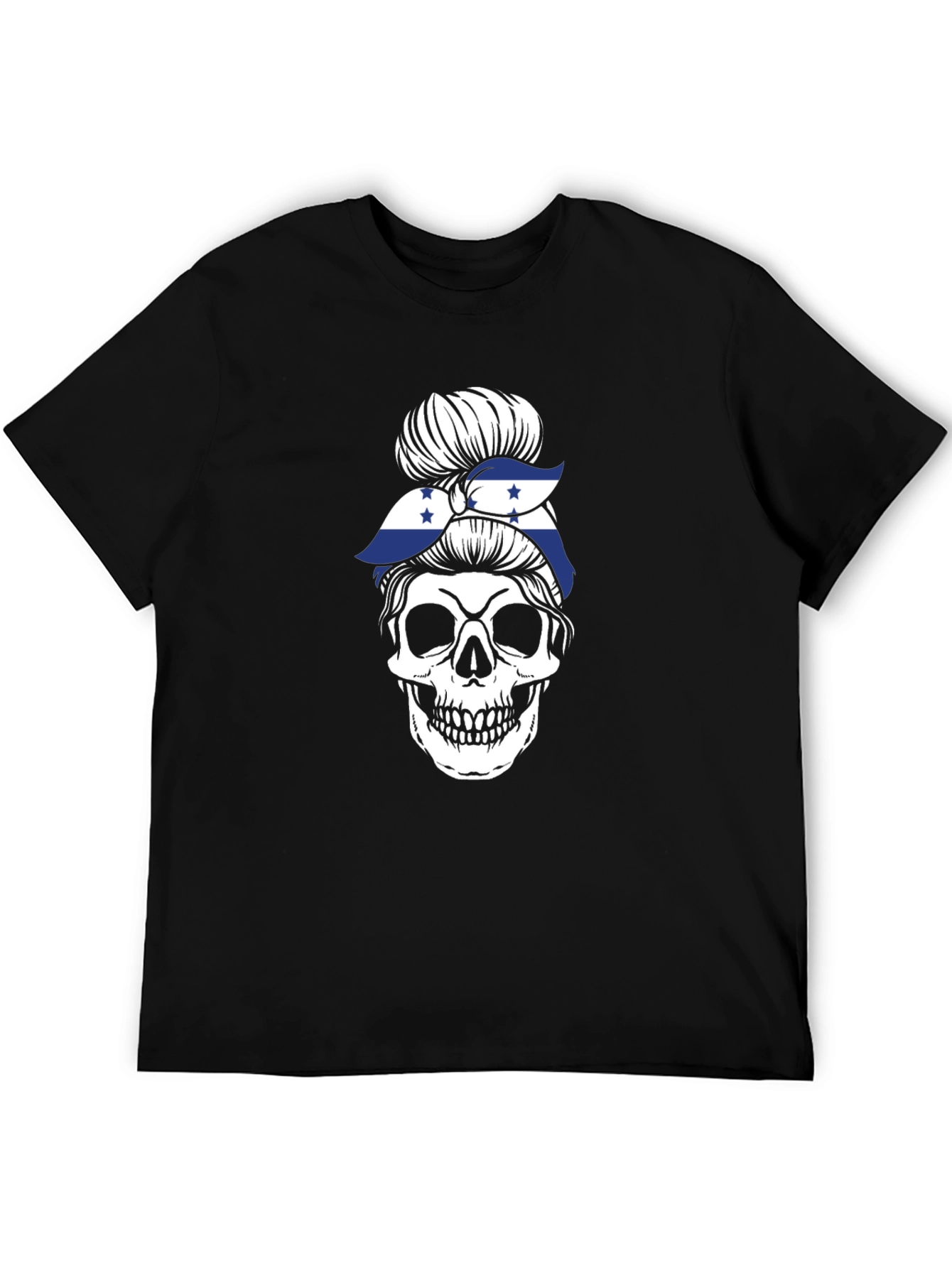 Black Skull Messy Bun Honduras Flag T-Shirt view 5