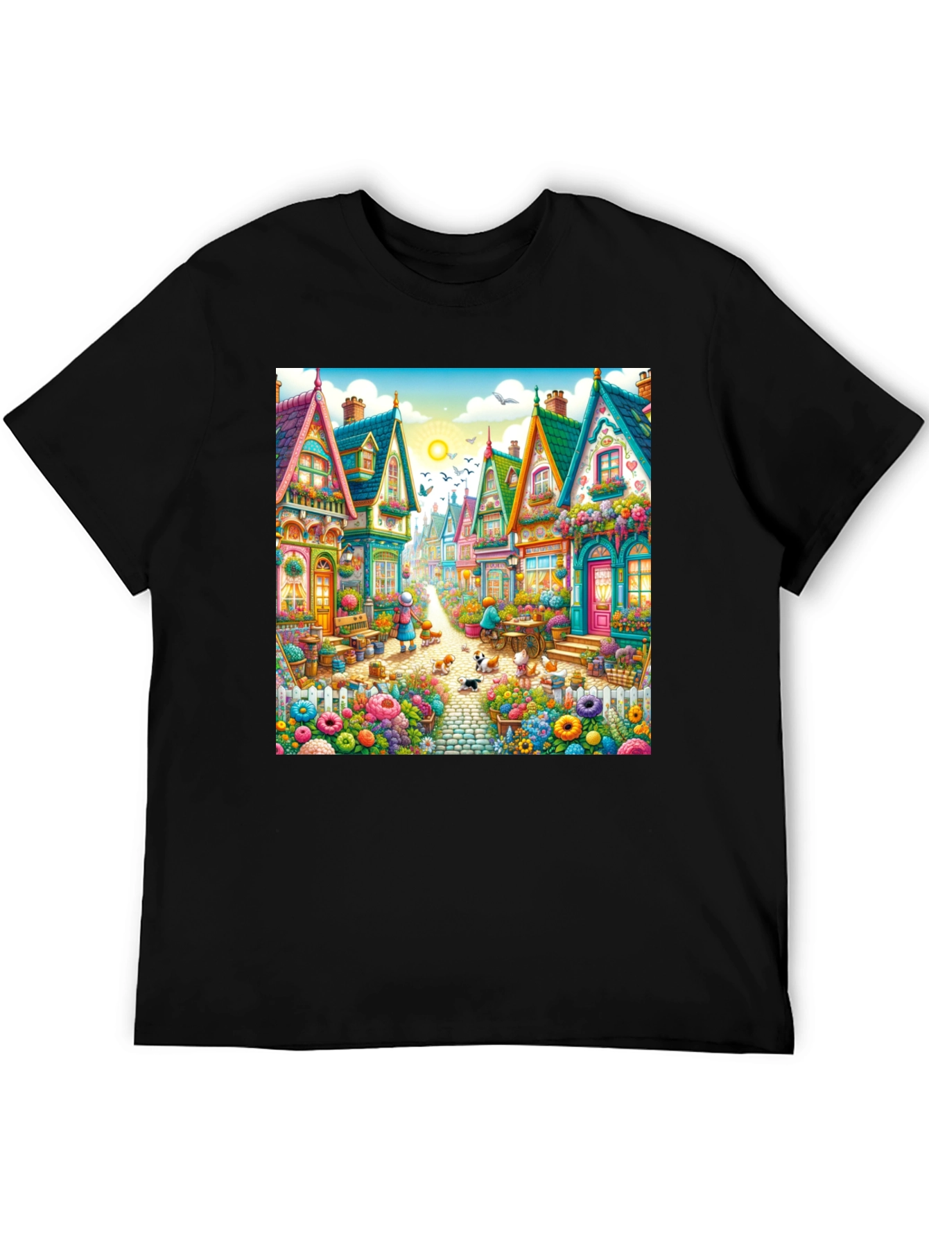 Black Whimsical Village T-Shirt - Colorful Town Design view 5