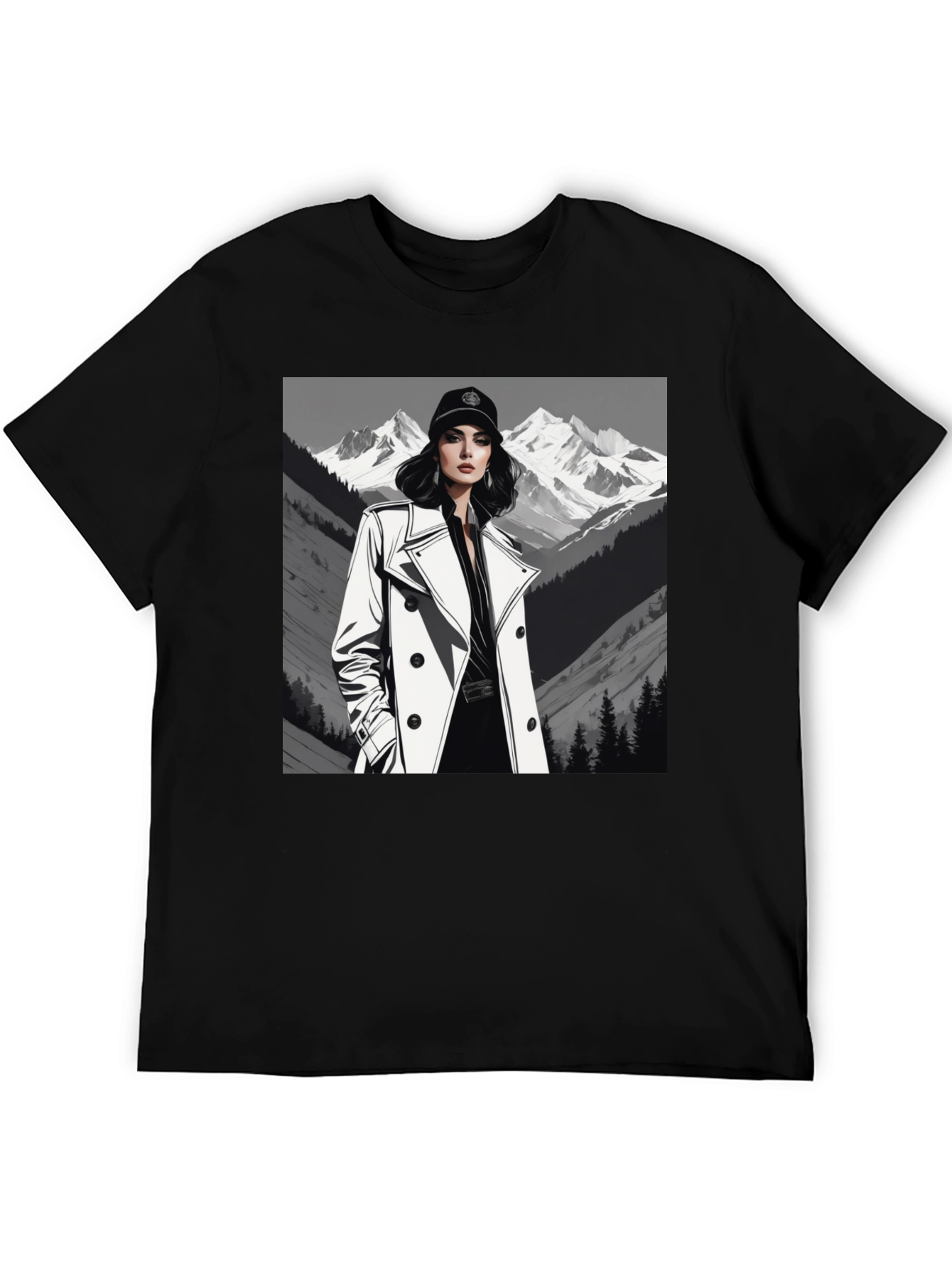 Black Stylish Woman Mountain Tee - Black Cotton Blend view 5