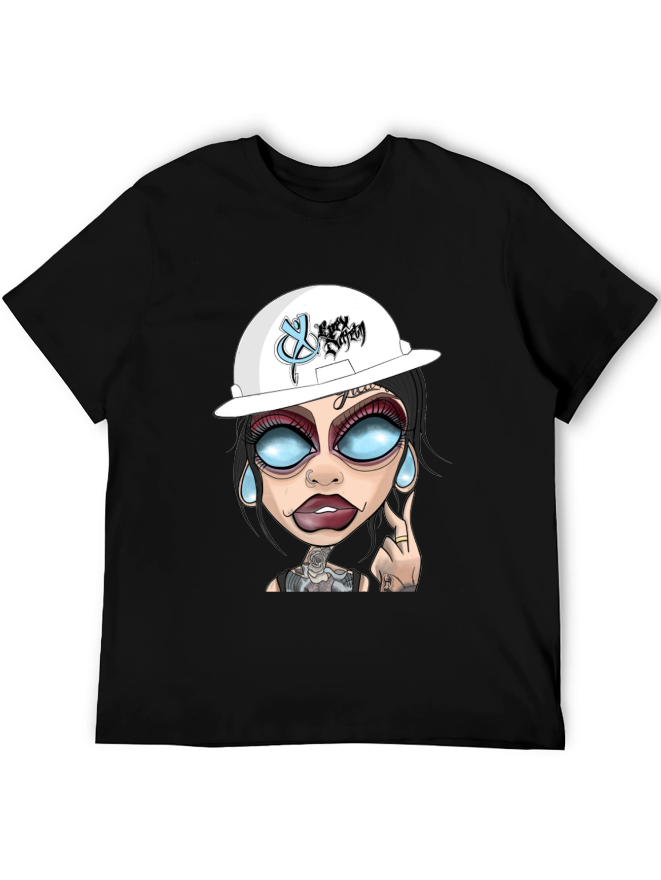 Black Cartoon Graphic T-Shirt - Edgy Tattoo Girl Design view 5
